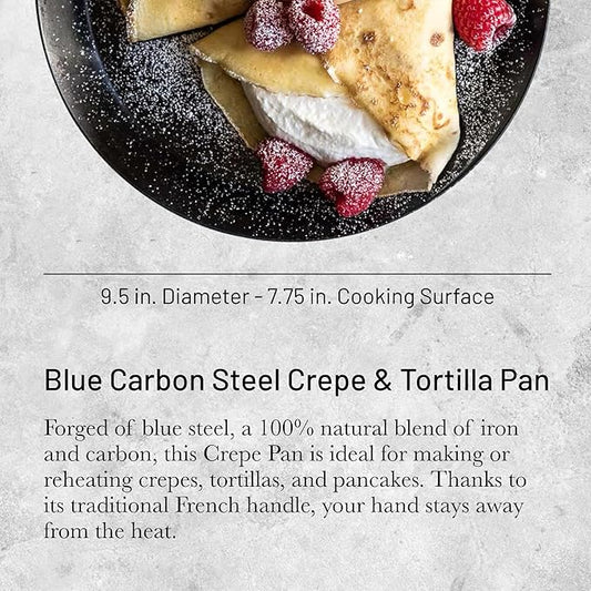 de Buyer Blue Carbon Steel Crepe & Tortilla Pan - 9.5” Diameter, 7.75” Cooking Surface - Ideal for Making & Reheating Crepes, Tortillas & Pancakes - Naturally Non-Stick Finish - Made in France