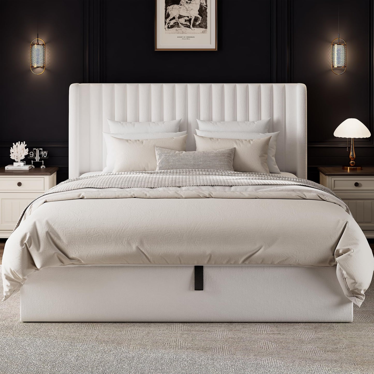 Einhomn Full Size Lift Up Storage Bed with Wingback Headboard, Upholstered Velvet Bed Frame with Heavy Duty Wooden Slat Support, Hydraulic Storage, Noise Free, Easy Assembly, White