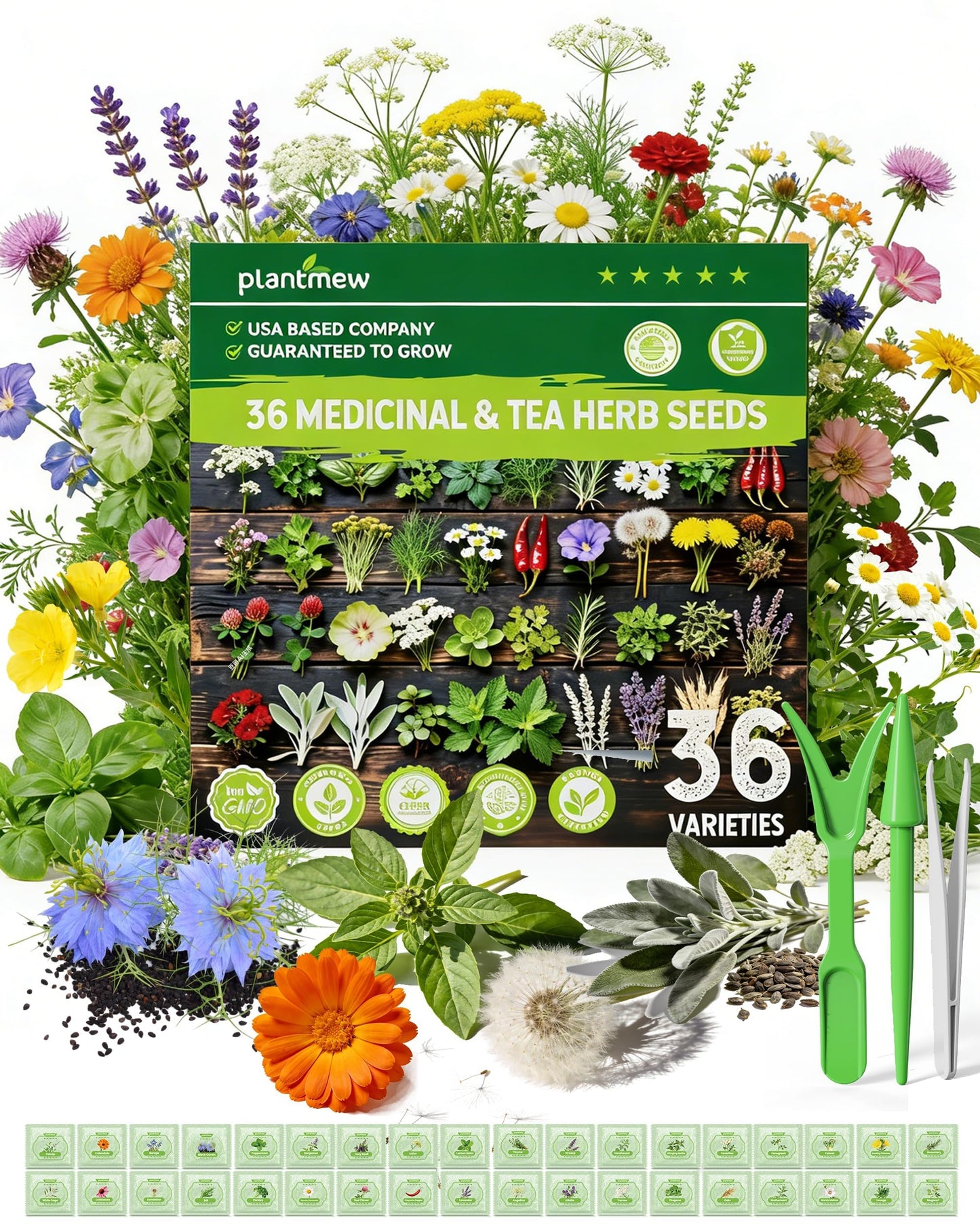 Medicinal Herb Seeds Variety Pack - 36 Non-GMO Herbal Tea Garden Seeds: Chamomile, Lavender, Echinacea, Yarrow, Mugwort for Planting Indoor & Outdoor, Apothecary & Homesteading Supplies