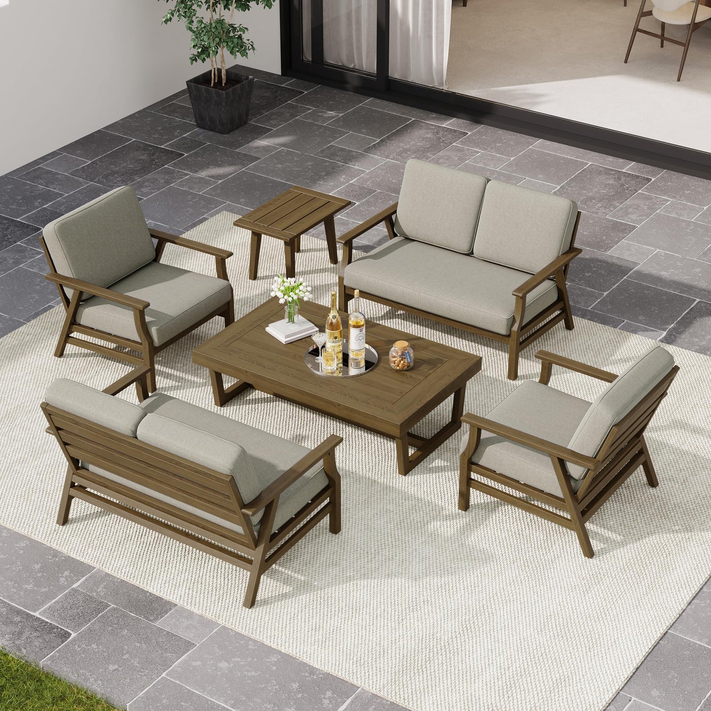 UIXE 6 Pieces Outdoor Patio Furniture, Wood Outdoor Sectional Furniture Patio Sofa Conversation Sets with Bistro Chairs, Coffee Table - Light Camel