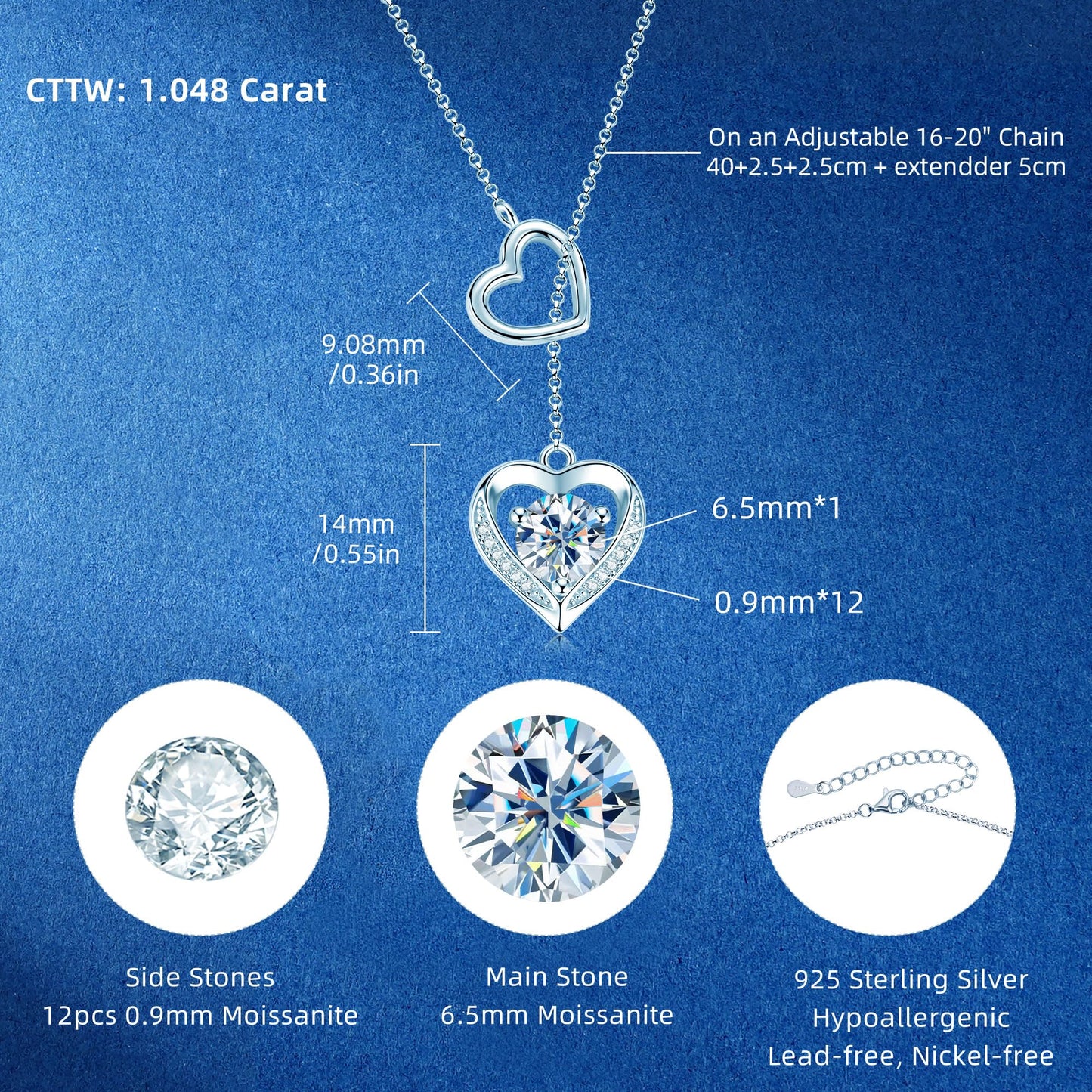Moissanite Lariat Necklace for Women Heart Slip Y Shape 16-20 Inches Adjustable Long Chain Necklace 925 Sterling Silver Love Pendant Jewelry Gifts for Wife, Girlfriend, Mom, Birthday, Anniversary Present