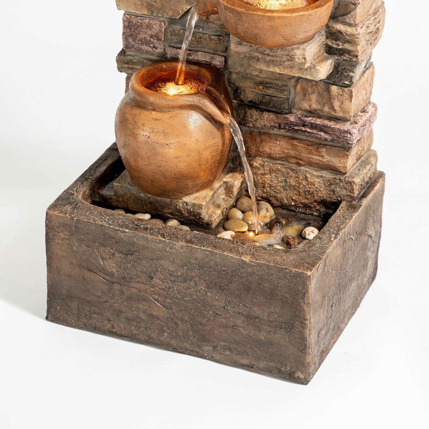 Teamson Home 28.5" Outdoor 4-Tier Stacked Stone Cascading Water Fountain with LED Lights, Brown