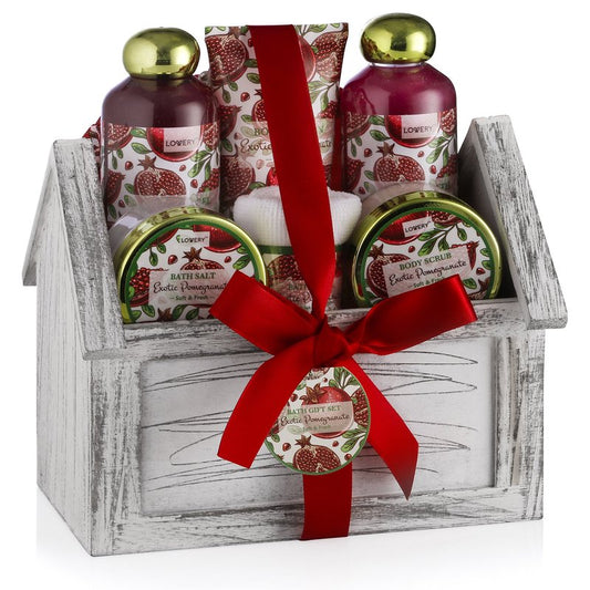 Birthday Gifts from Son, Home Spa Gift Basket, 8pc Bath & Body Set for Women & Men, Exotic Pomegranate Scent, Shower Gel, Bubble Bath, Lotion, Bath Salt, Body Scrub, Towel, Cosmetic Bag & Wood Case