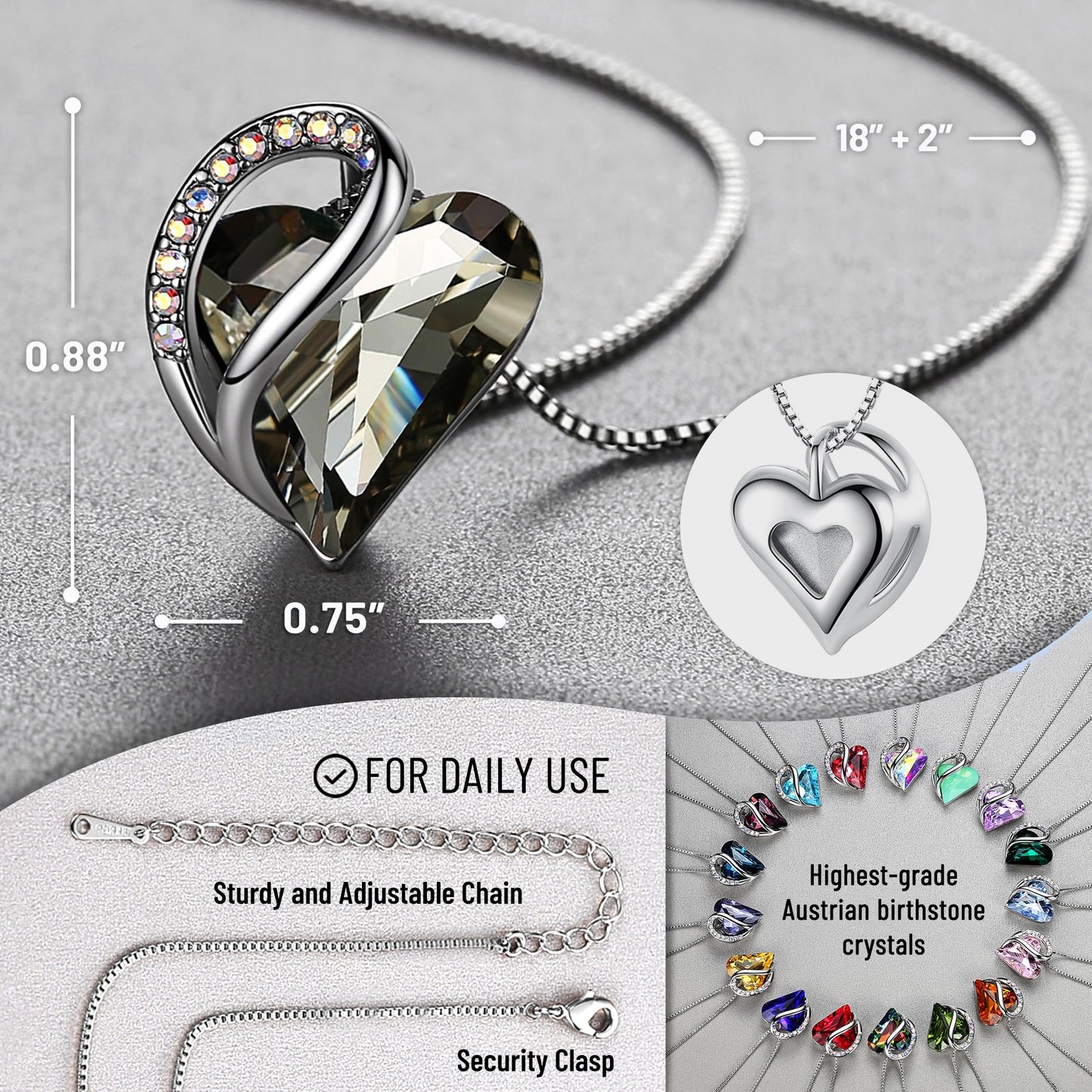 Leafael Gift Necklaces for Women, Infinity Love Heart Pendant with Crystal Black Healing Stone for Protection, Birthday Jewelry for Her, Mom,and Wife, Silver Plated, 18" + 2" Chain