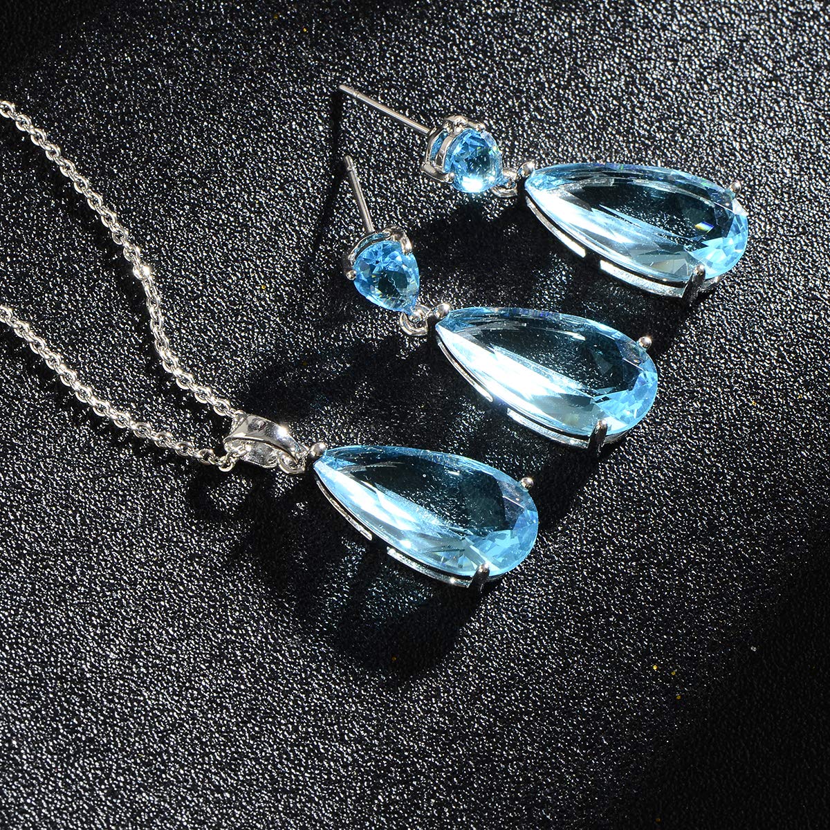 Mycitta Aquamarine Jewelry Set for Women - Sterling Silver Light Blue Teardrop Cubic Zirconia Crystal CZ Rhinestone Diamond Necklace Set for Wedding Bride Bridesmaid Mother of Bride Prom Party