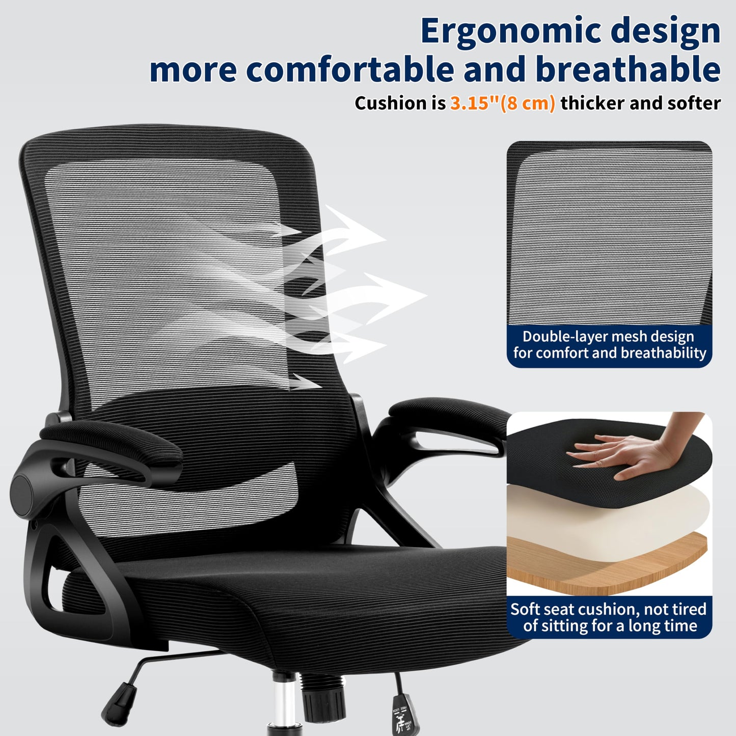 Nexthro Ergonomic Office Chair, Desk Chair with Adjustable Lumbar Support, Breathable Mesh Comfy Computer Chairs with Flip-up Armrests Executive Task Chair for Adults Home Office(Black)