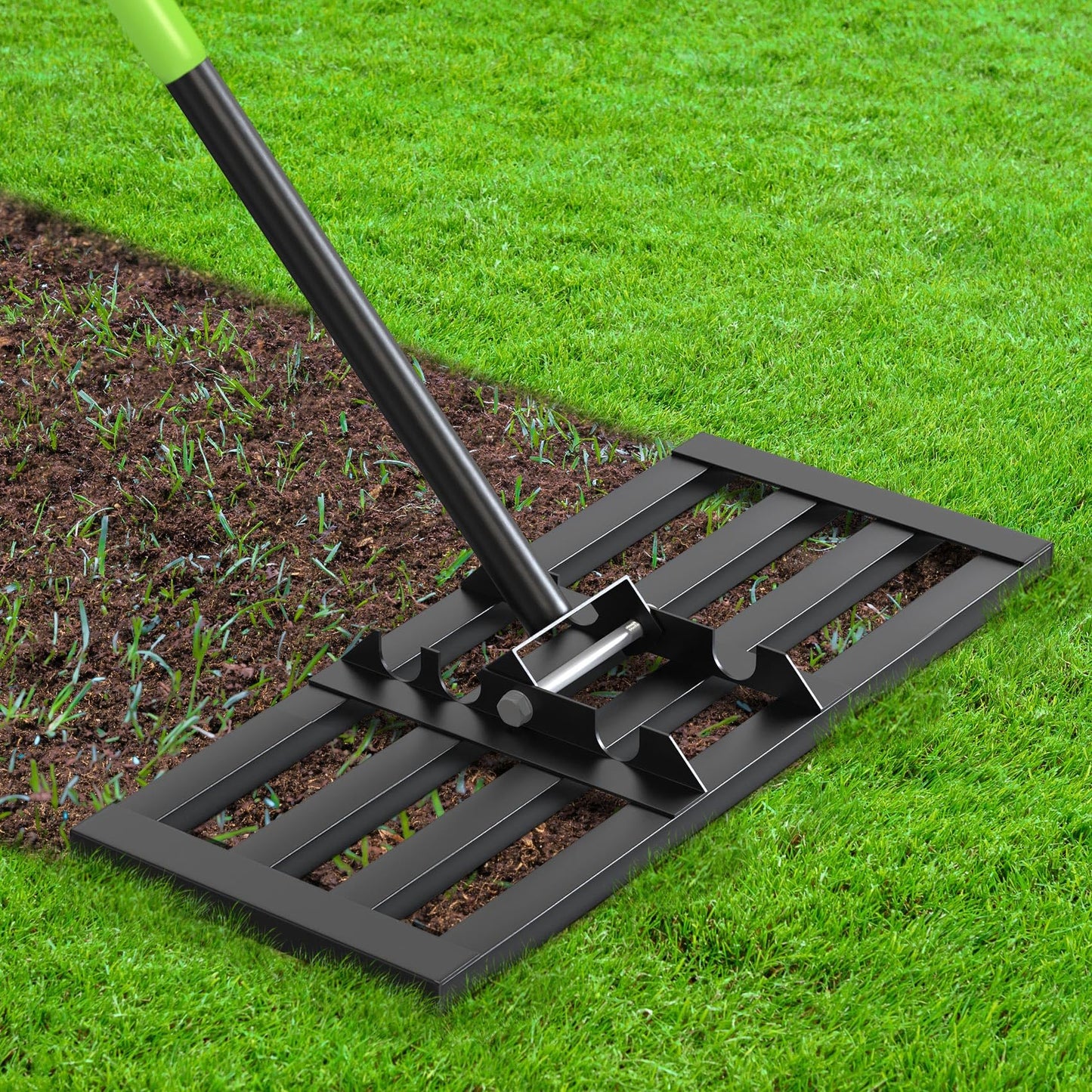 Seeutek Lawn Leveling Rake, 17" x 10" Heavy Duty Yard Leveling Rake Tool with 0-180° Adjustable Handle, 6.5FT Steel Handle Lawn Leveler for Yard Garden Golf, Ease Level Soil Sand Dirt Surface