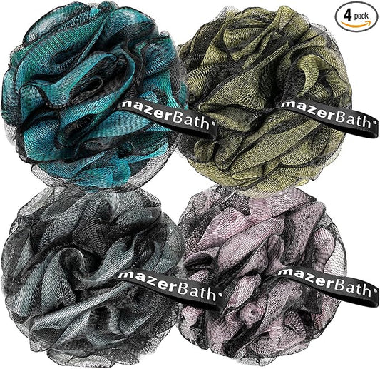 AmazerBath Charcoal Loofah Sponge, Large Shower Loofah 75g/PCS - Body Scrubber Loofa Set of 4 - Charcoal Blue, Gray, Pink & Army Green, Bath Sponge for Men and Women