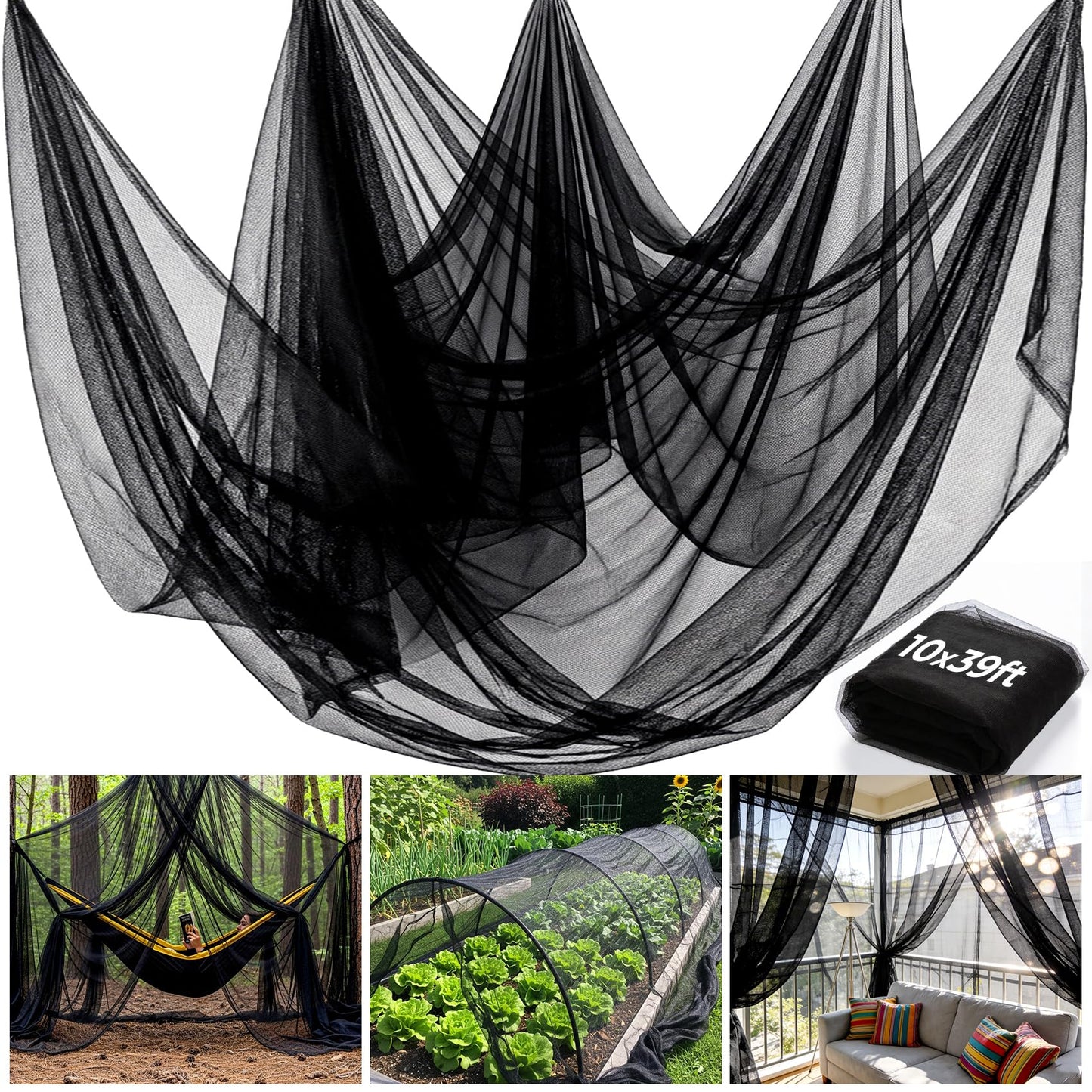Mosquito Netting Garden 39x10Ft, Garden Mesh Netting, Fly Insect Bird Net Barrier for Plant Protection Net for Patio Outdoor Use (Black, 39x10FT)