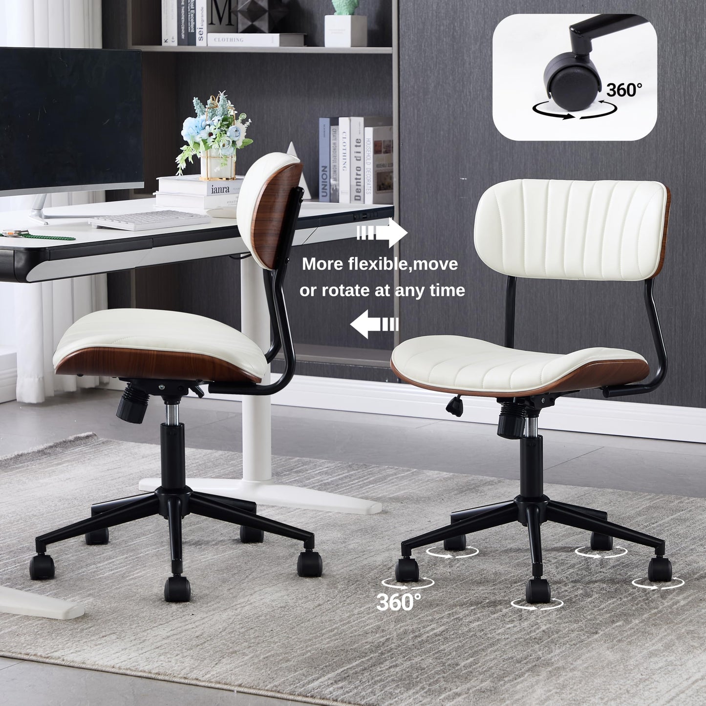 Fashionom Modern Walnut Home Office Chair，Adjustable Height Desk Chair with Wheels，Armless Computer Chair for Office, Reading Meeting Room, White