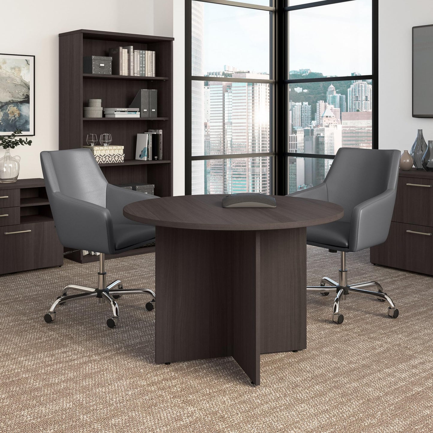 Bush Business Furniture 42-inch Round Conference Table with Wood Base, Circular Meeting Room Desk for 4 Users, Storm Gray
