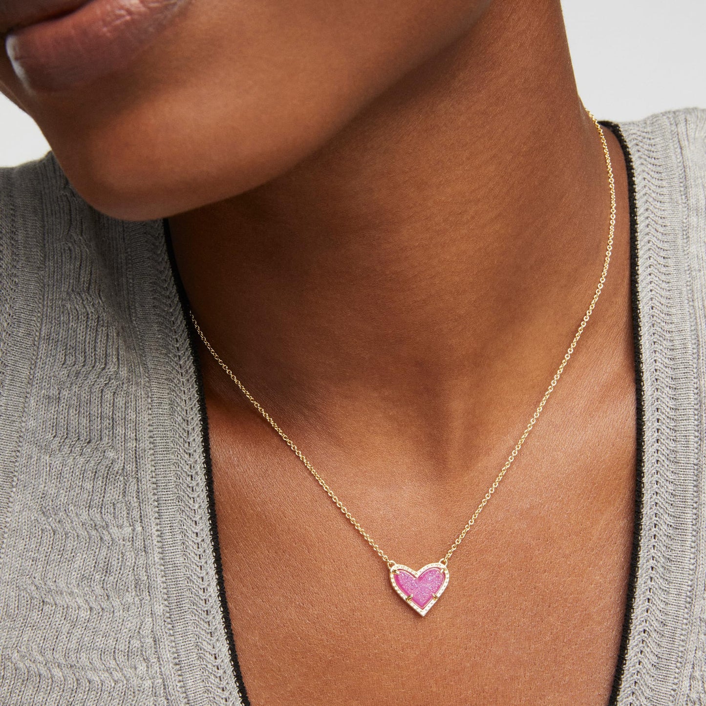 Kendra Scott Ari Heart Pendant Necklace, 14k Gold-Plated Brass, Fashion Jewelry for Women, Hot Pink Drusy