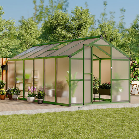 8x12 Ft Outdoor Greenhouses, Greenhouse Kit, Portablee Greenhouses with Ground Nails and Vent Windows, Sliding Lockable Door, Polycarbonate Green Houses for Outside Garden Backyard, Green