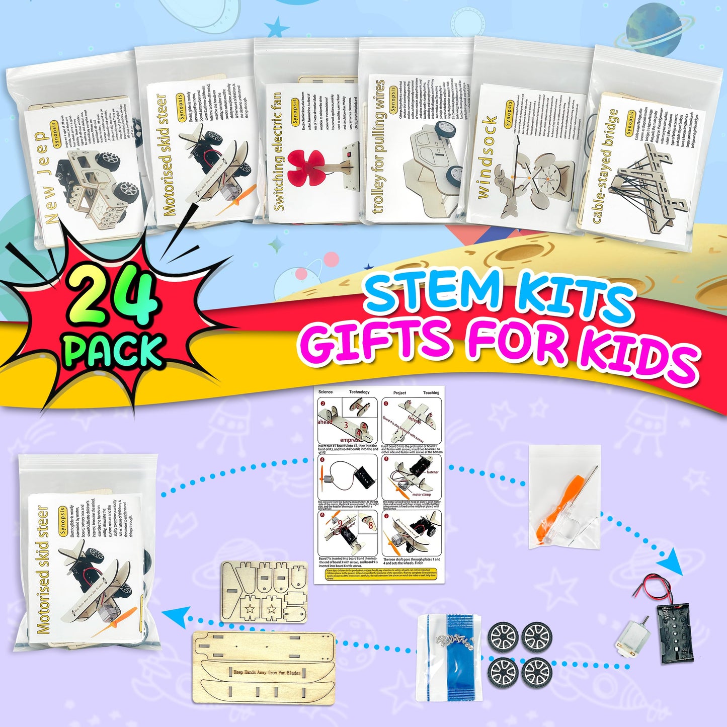 LINAYE 24 Packs STEM Kits for Kids, 6 in 1 Treasure Box Toy Stem Projects Crafts for Kids Age 8-12 Valentines Gifts for Classroom Science Birthday Party Favors Gifts for Boys Girls Ages 8 9 10 11 12