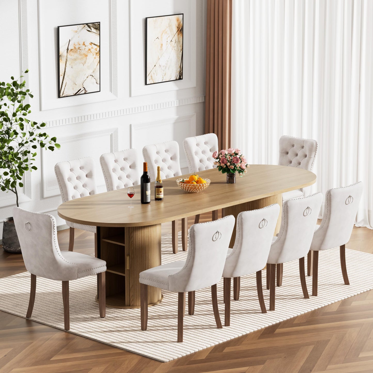 MELAABUU Modern 11-Piece Extendable Dining Table Set for 10, Oval Expandable Kitchen Table Set with 10 Velvet Chairs,63"-94" Large Dining Room Tables with Brown Wood Top & Fluted Cabinet Base