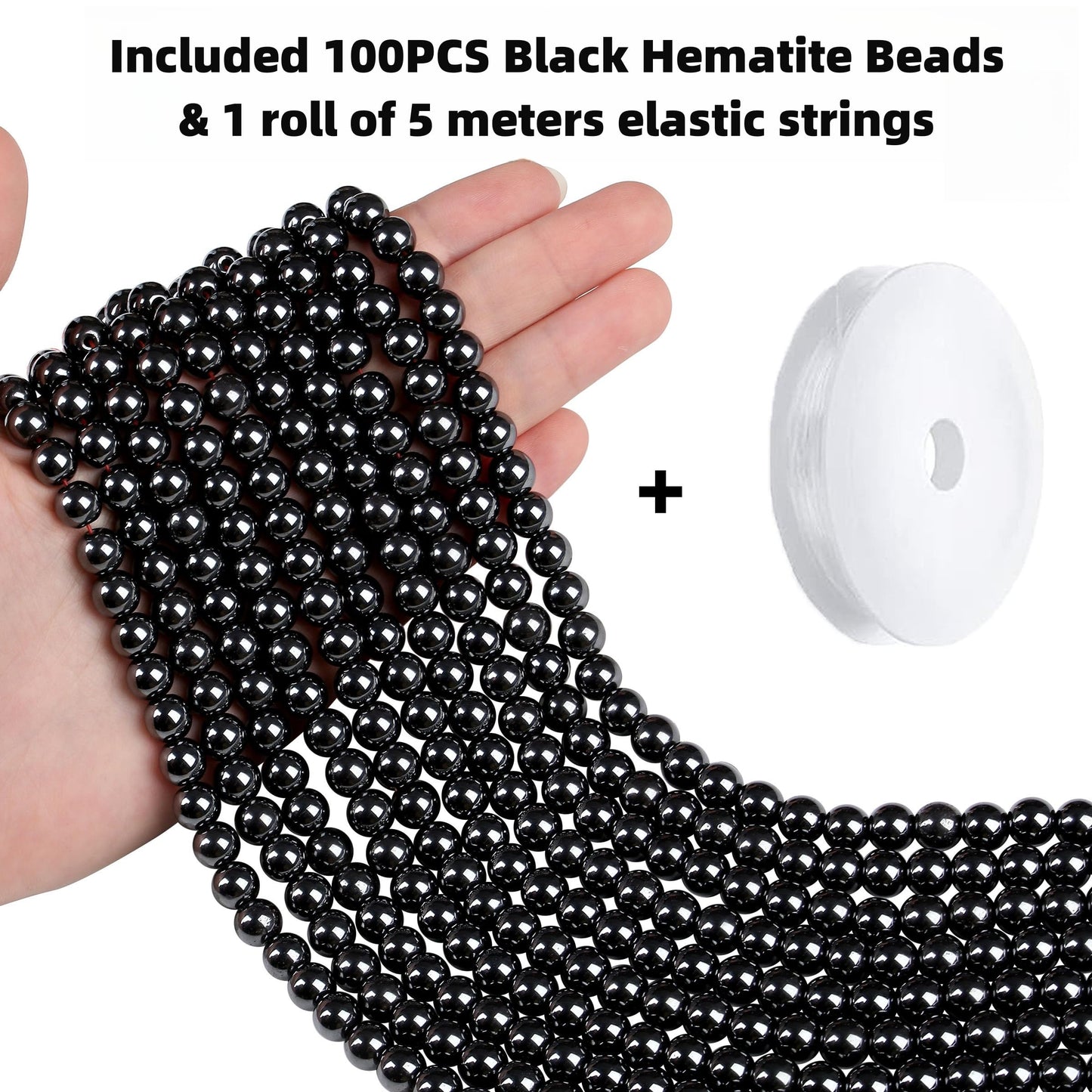 QINJIEJIE 100PCS Black Hematite Beads 8mm Natural Stone Beads Round Loose Gemstone Bead for Bracelet Beading Crystal Jewelry Making DIY Necklace Earrings 0.32"