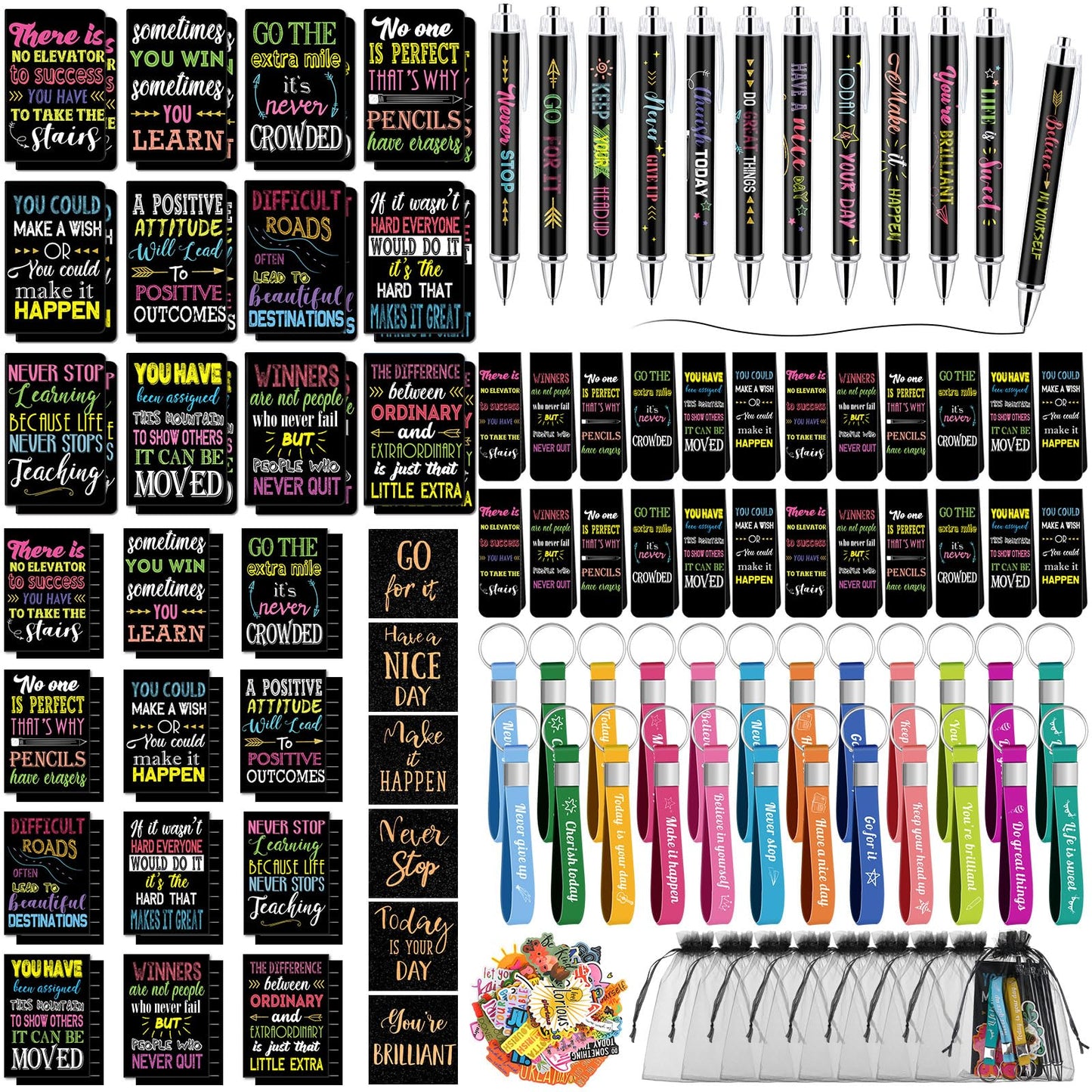Pasimy 218 Pcs Inspirational Stationery Gifts Motivational Mini Notepad Pen Quote Bookmarks Stress Relief Stickers Inspiring Silicone Keychains for Home Office Appreciation Gift(Dark)