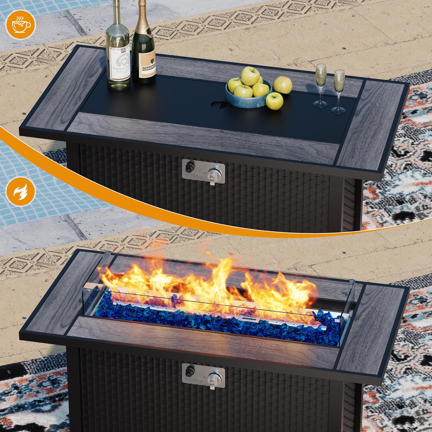 45 Inch Propane Fire Pit Table, 50,000 BTU Outdoor Gas Fire Pit for Patio & Backyard, 2-in-1 Firepit Dining Table with Glass Wind Guard, Blue Glass Rocks & Waterproof Cover, Grey