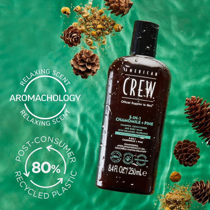 AMERICAN CREW 3-in-1 Chamomile & Pine, Shampoo, Conditioner & Body Wash for Men, All-in-One Care with Calming and Relaxing Fragrance, 33.8 fl oz