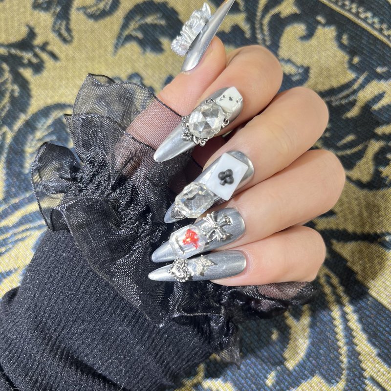 Mystery Box Random 4Pack(40Pcs) Handmade Nails Manual Press on Nails Poker Playing Pard Nails Manicure Charms Nails Art Nail Kit for Women Party Holiday Photo Wedding 30mm Long Size M