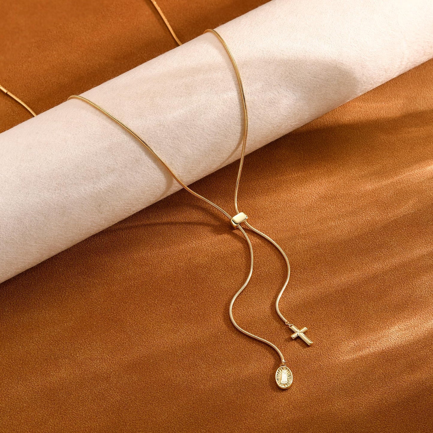 CHESKY 14K Gold Plated Long Necklace for Women Y Shaped Necklace Rosary Cross Drop Pendant Necklace Dainty Trendy Christian Jewelry
