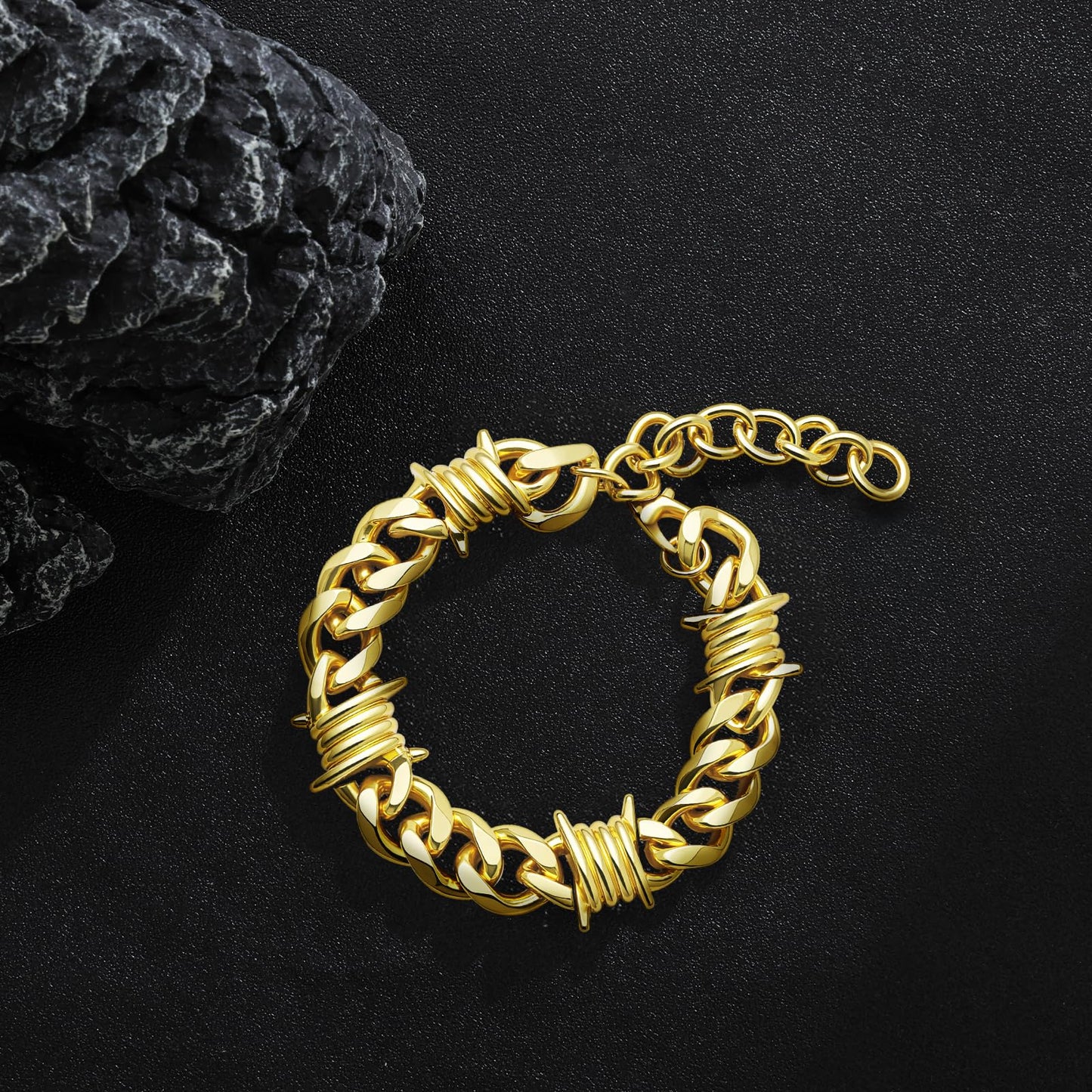 LuxGoth Stainless Steel Barbed Wire Thorns Chunky Adjustable Cuban Link Chain Bracelet Gothic Punk Rock Biker Vintage Viking Brambles Link Curb Bracelet Jewelry for Men Women Gold GTS-B1B45062