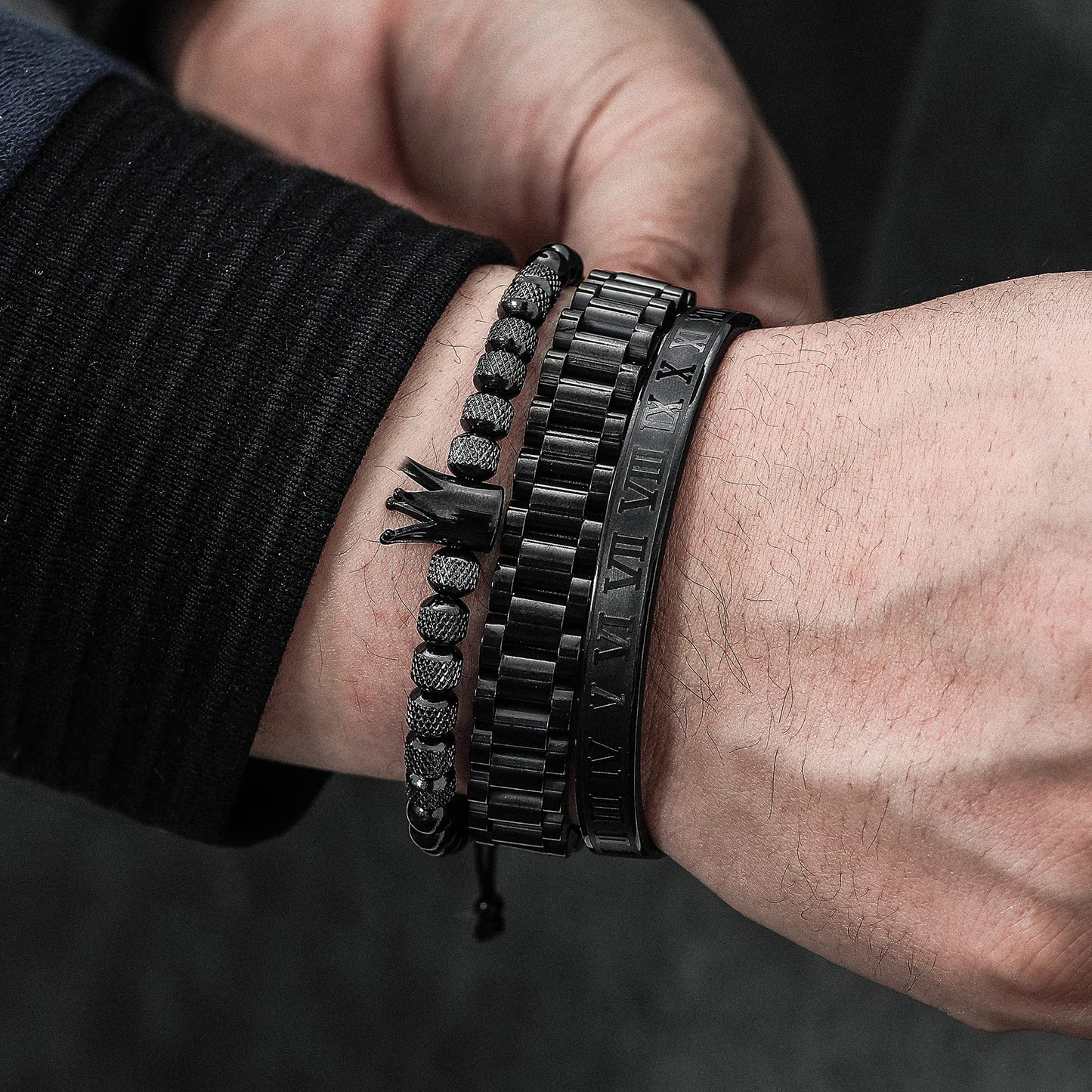 WFYOU 3PCS Stainless Steel Bracelets for Men Gold Roman Numeral Bangle Bracelet Twisted Cable Bracelet Adjustable Cuff Bracelet Mens Luxury Jewelry Bracelets Gifts(F:Black)