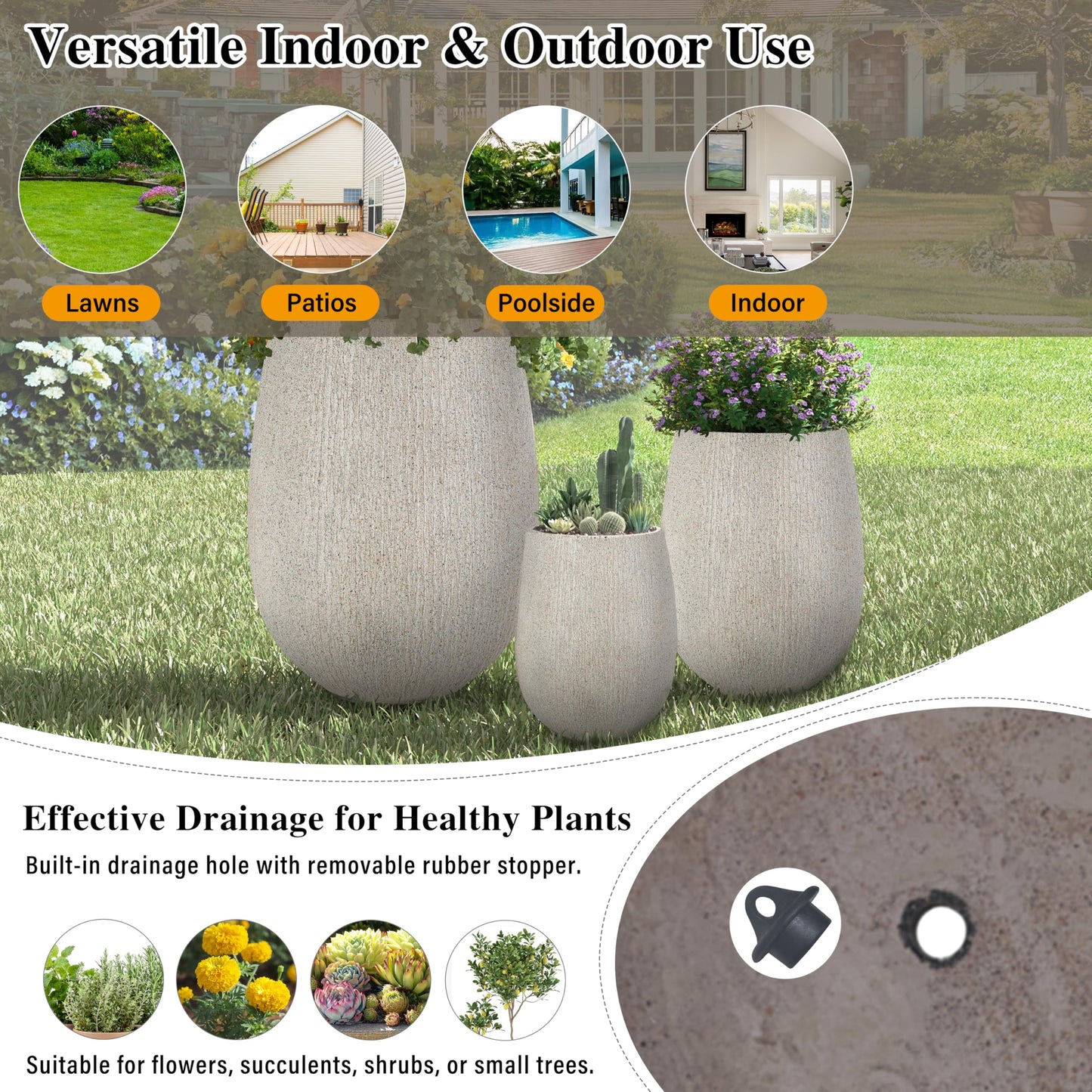 Modern Egg-Shaped Planter Set of 3, Lightweight MGO Stone Look Flower Pots with Drainage Holes & Rubber Plug for Indoor Outdoor Patio Garden Poolside Decor, Unique Textured Succulent Container