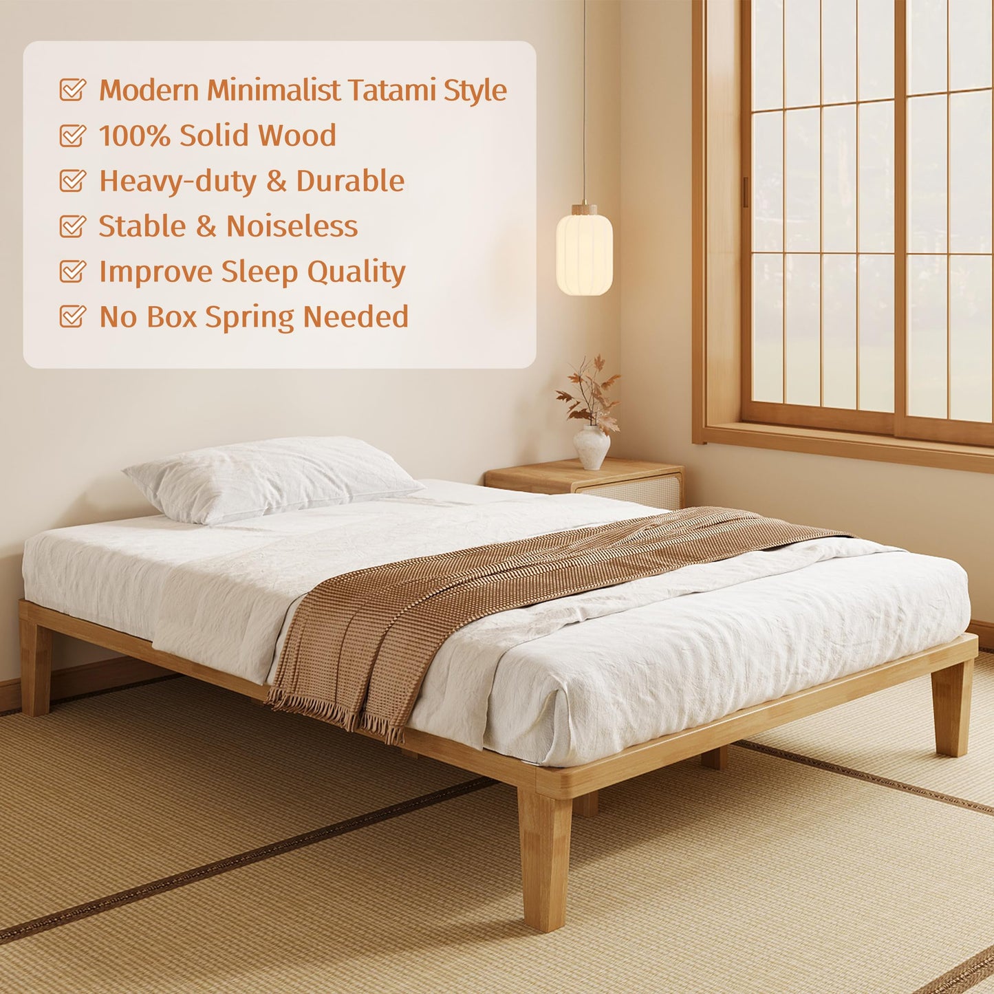 IOTXY Queen Platform Bed Frame - 12 Inch Solid Wood Mattress Foundation Base with Heavy-Duty Support Slats & Legs, Rubberwood Queen-Size Bedframe