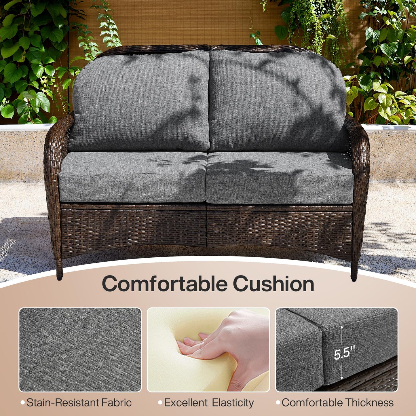 Tribesigns Outdoor Wicker Loveseat with 5.5'' Thick Cushions, 2-Seater Patio Sofa with 26.8'' Deep Seat, All-Weather Patio Wicker Loveseat for Porch, Deck, Backyard, Poolside, Gray/Brown