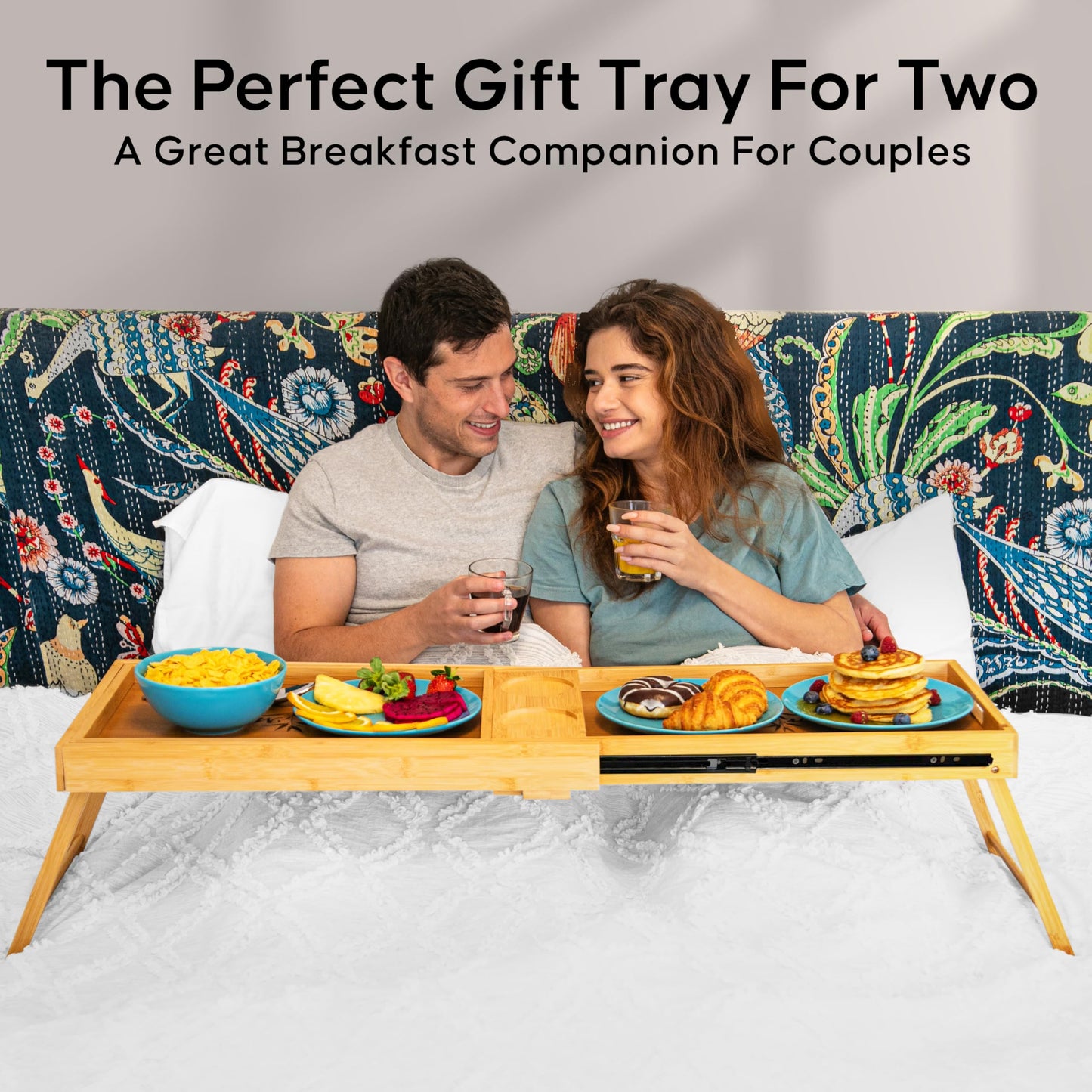 Shaka4Tommy Breakfast Bed Table Tray for Two - One Piece, Dual Use Couple Bed Tray with Cup recesses - Food Trays for Eating on Couch, Space Saving Breakfast Table - Gift Ready - Acacia Wood
