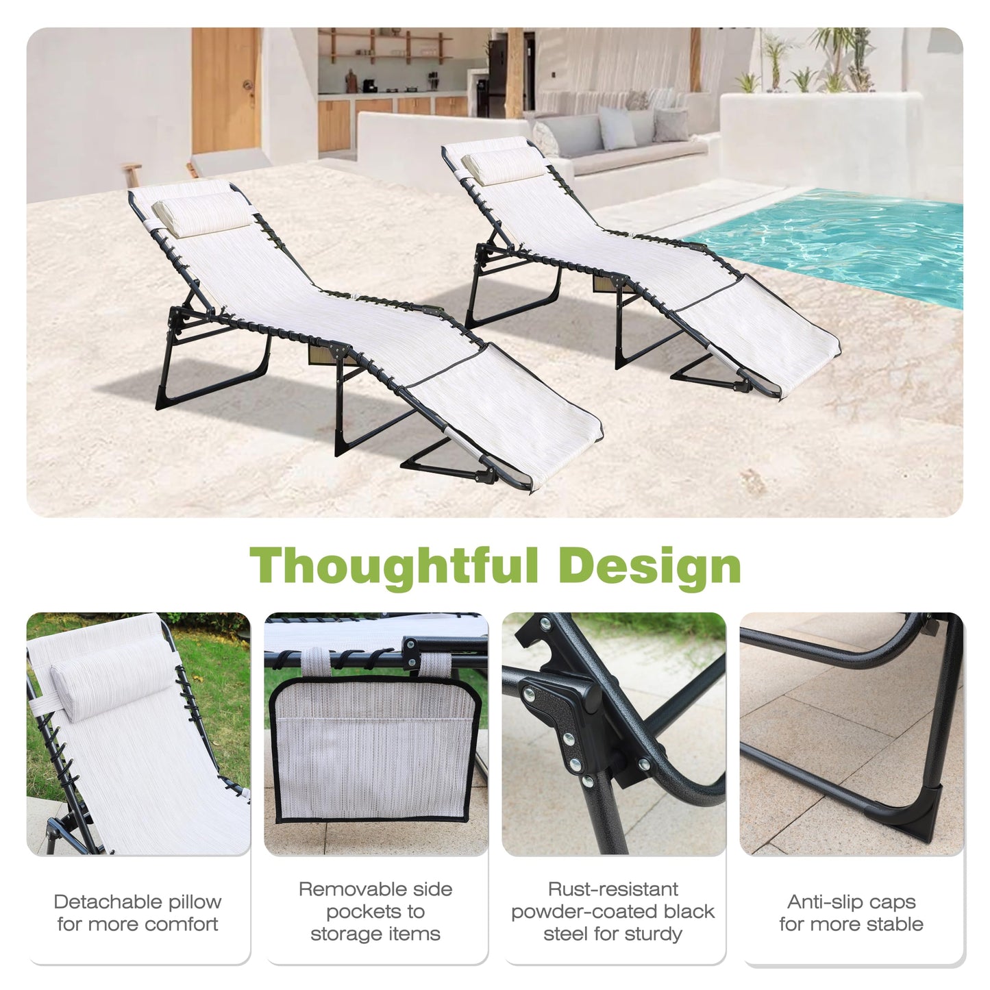 MUPATER Patio Chaise Lounge Chair Set of 2 for Outdoor, Adjustbale Backrest Portable Sun Lounger Recliner with Face Hole, Pillow & Pocket for Camping, Pool, Cream White