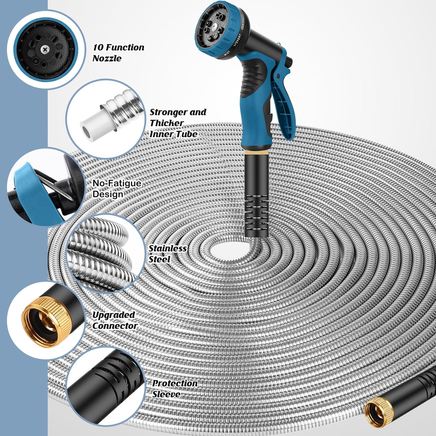 Advinski Garden Hose 100FT, Water Hose with 10 Function Nozzle, Garden Hose Metal with Leak-proof Connectors, No-Kink, Lightweight, Puncture-proof, Pet-proof, Sturdy, 550PSI, Hose for Outdoor, Yard