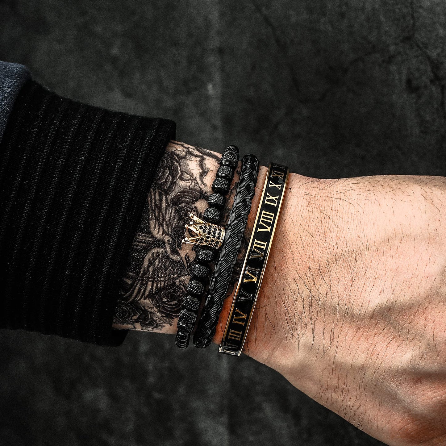 WFYOU 3PCS Stainless Steel Bracelets for Men Gold Roman Numeral Bangle Bracelet Twisted Cable Bracelet Adjustable Cuff Bracelet Mens Luxury Jewelry Bracelets Gifts(I:Gold&Black)