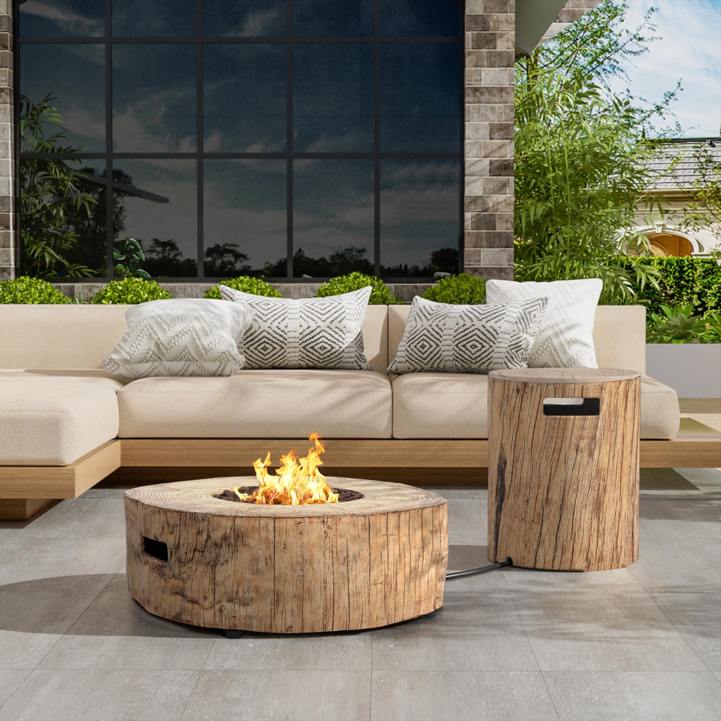Christopher Knight Home Hearth Concrete Patio Fire Bowl, Outdoor Fire Pit and Tank Holder Set, Lightweight Concrete Tank Table, 30000BTU Round Fire Pit, Woodlike Texture, No Assembly Needed, Brown