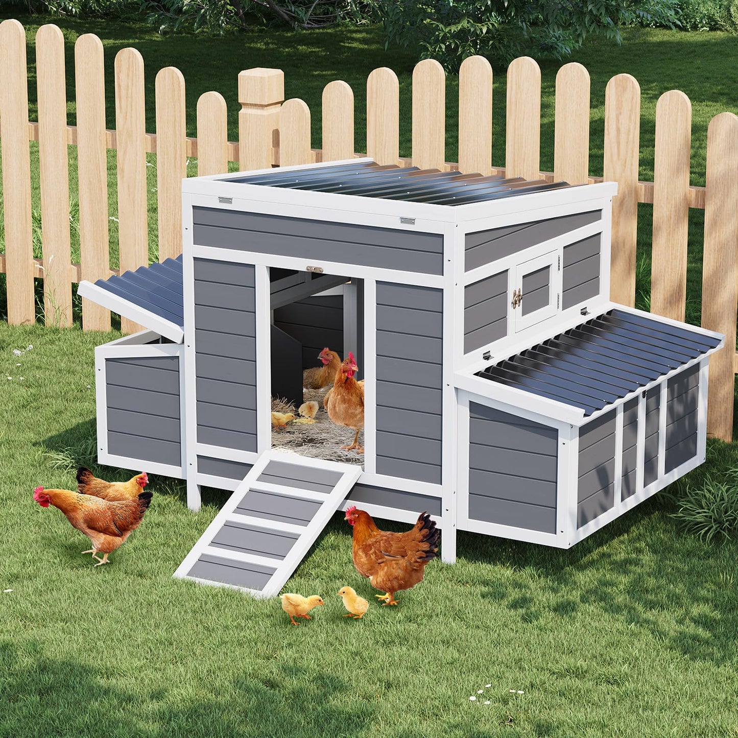 Large Wooden Chicken Coop,Wooden Hen House for 4-6 Chickens – Outdoor Poultry & Rabbit Cage with 6 Nesting Boxes, No-Slip Ramp, Pull-Out Tray, Openable Roof & Window