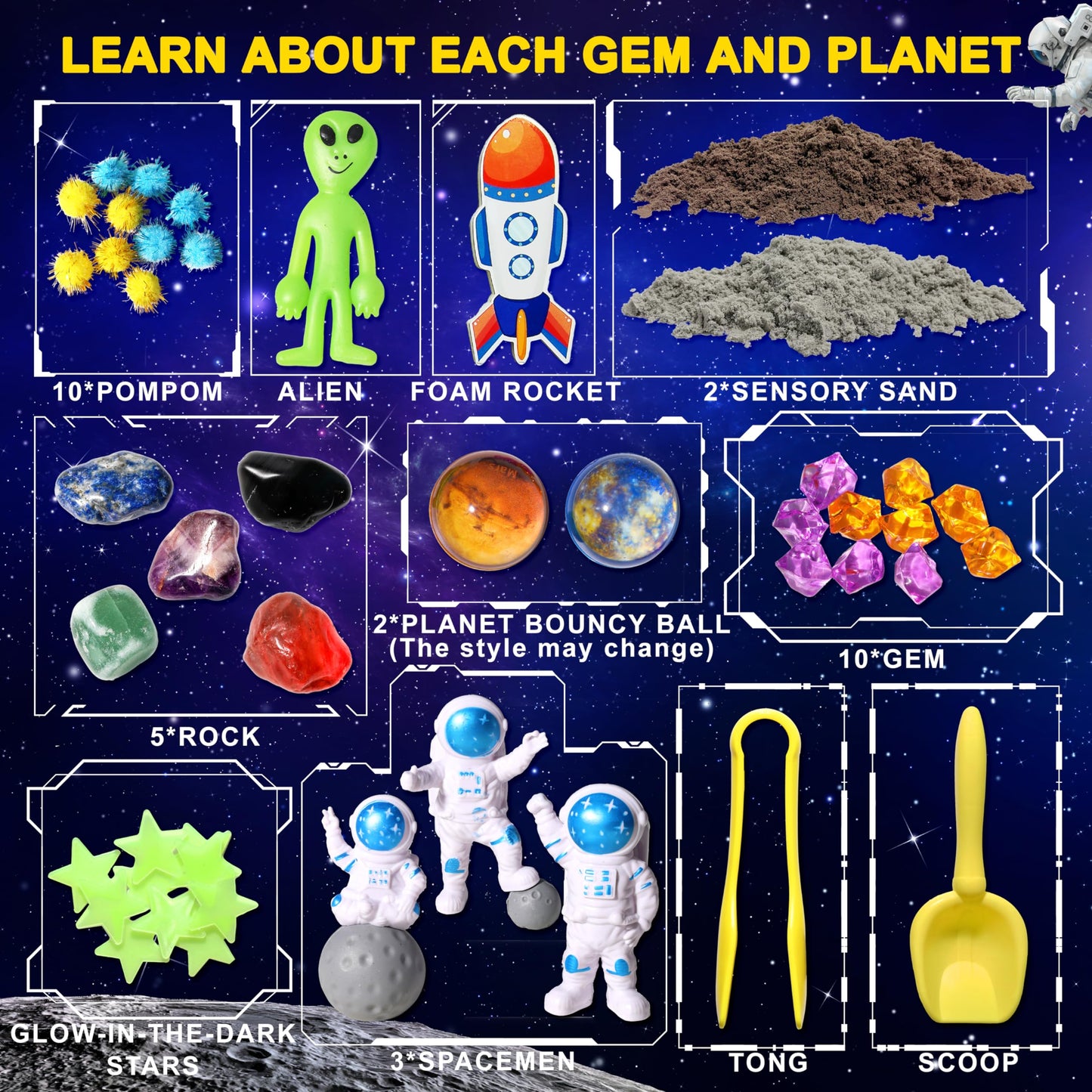 Galaxy Sensory bin, Gemstone Dig Kit,Galaxy Excavation Gem Kit with 5 Real Gemstones for Kids,Space Planet Toys STEM Science Kits,Alien Sandbox Play Set for Girls Boys 3 4 5 6 Years Old
