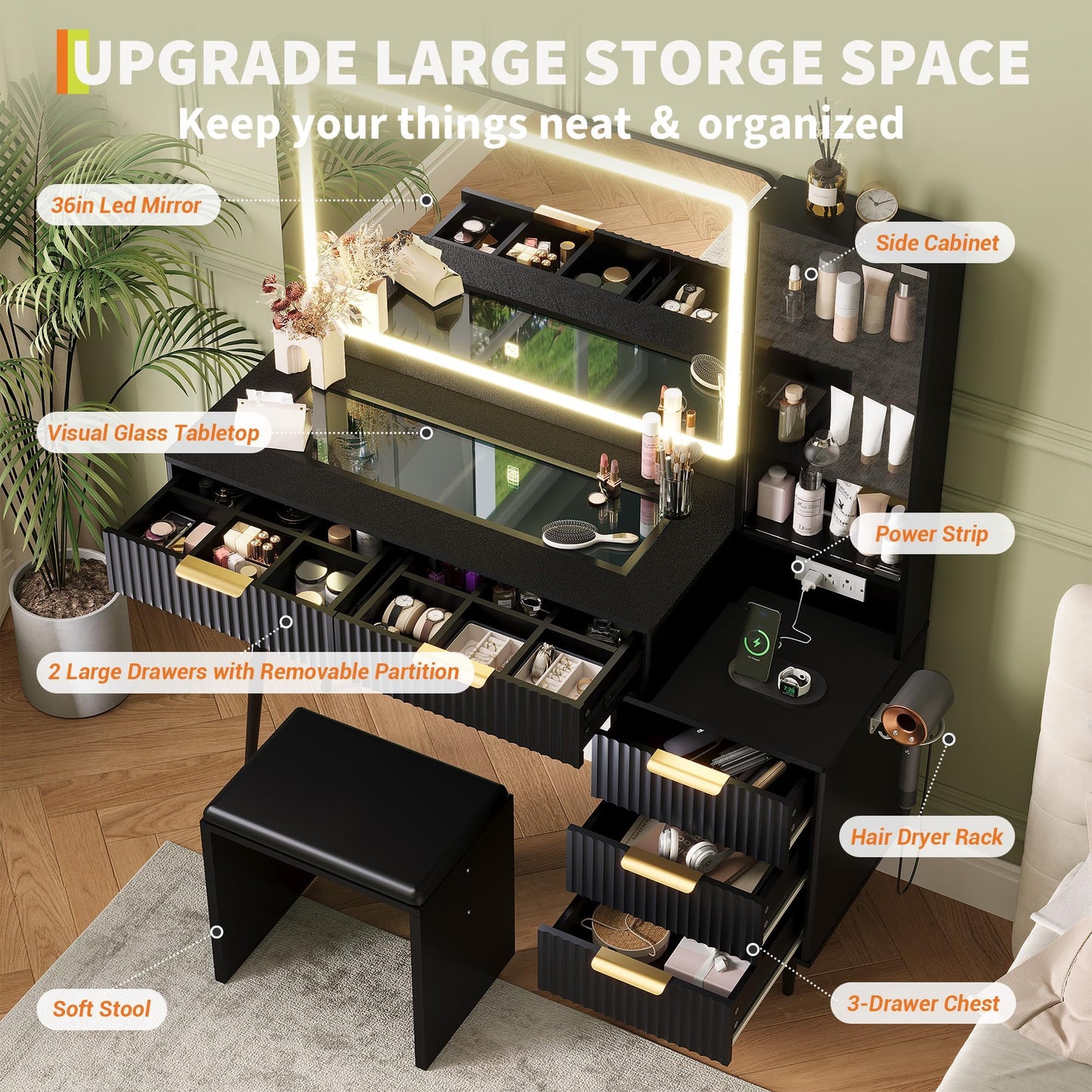 Makeup Vanity Desk with Large 36" Mirror and Lights, 48" Glass Top Big Vanity Table with 4 Drawers & Shelves, 3 Color Modes & Adjustable Brightness, Dressing Table with Charging Station ＆ Soft Stool