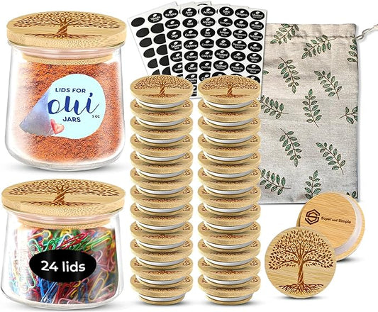 Oui Yogurt Jar Lids Bamboo Tree of Life â 24-Pack Bamboo Lids for Oui Jars with Silicone Seal â Airtight Oui Jar Covers for Yogurt Glass Jars â Labels & Cotton Storage Bag Included