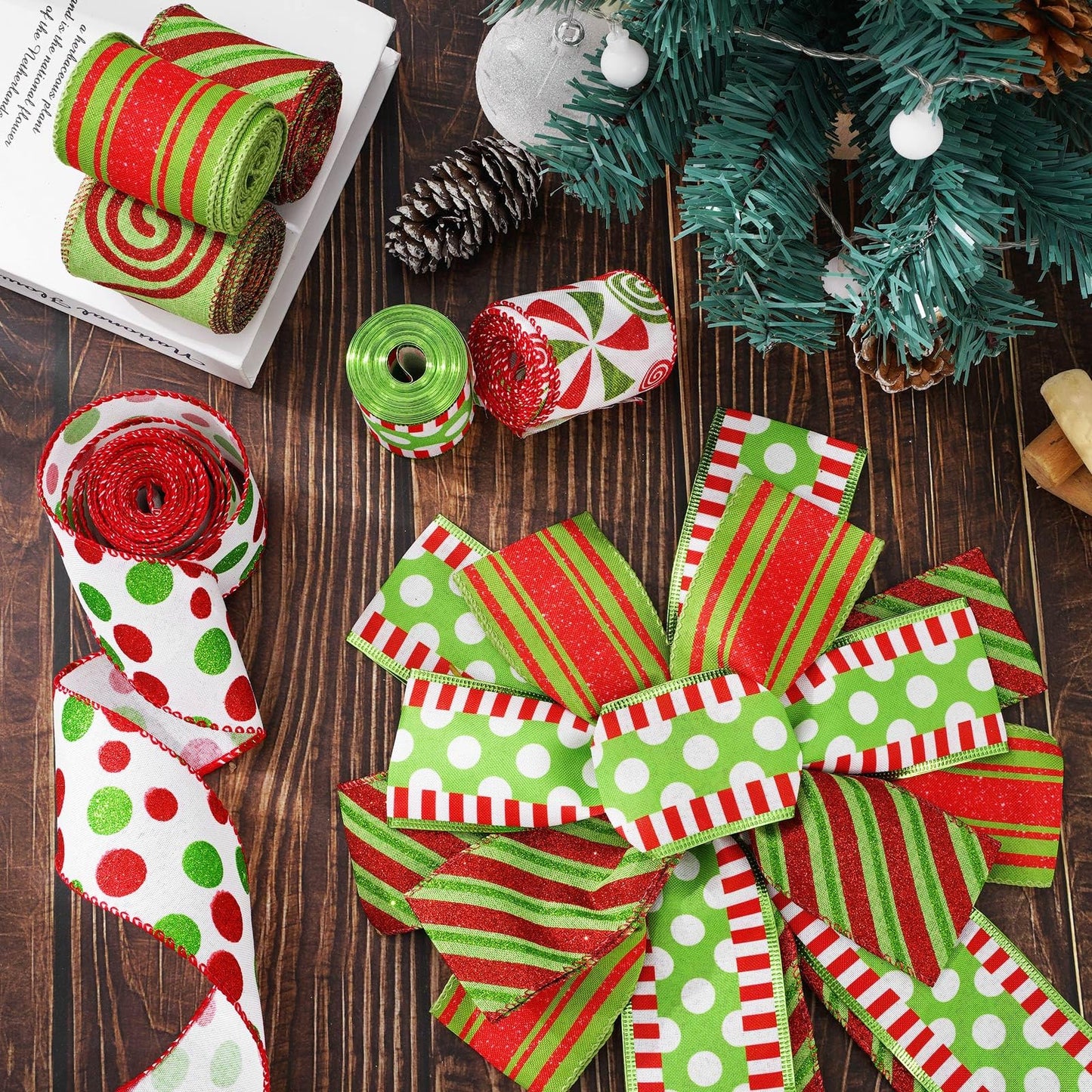 Whaline Christmas Ribbons 36 Yards Dot Stripe Candy Wired Edge Ribbon Red Green Fabric Craft Ribbon for Xmas Wreath Bow Making DIY Crafts Wrapping Supplies, 6 Rolls