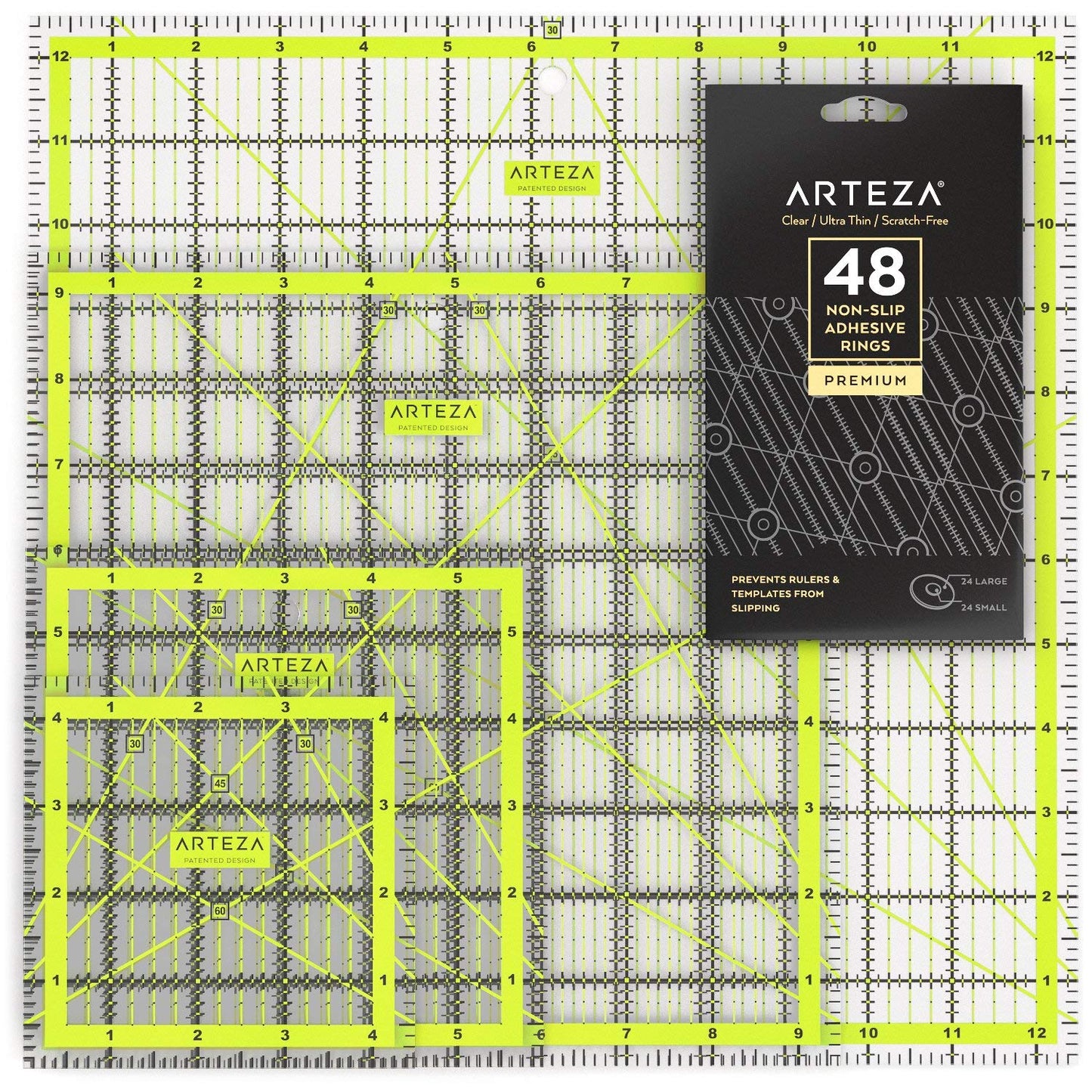 ARTEZA Quilting Rulers Set of 4, Acrylic Square Quilting Rulers for Sewing and Fabric Cutting, 4.5 x 4.5, 6 x 6, 9.5 x 9.5, 12.5 x 12.5 Inch, Dual-Color Grid, 30/45/60 Degree, 48 Non-Slip Rings