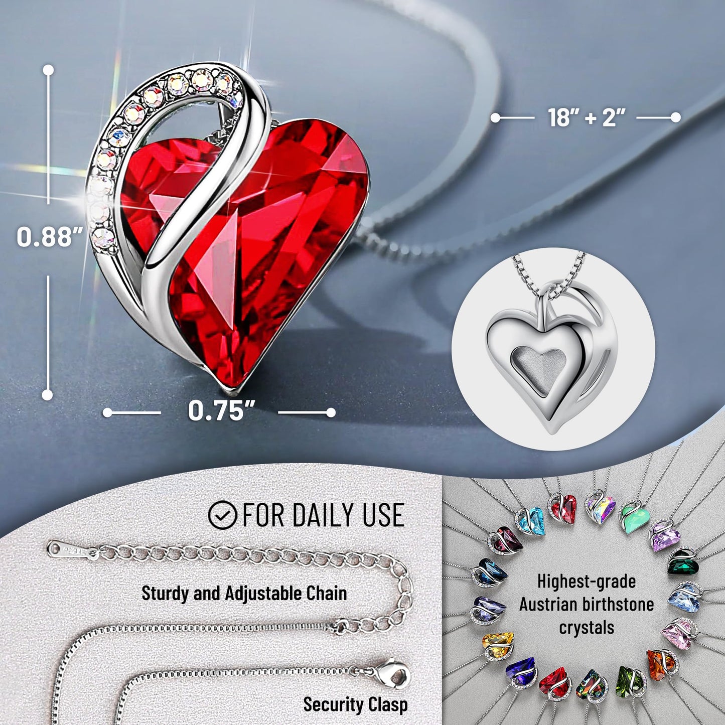Leafael Gift Necklaces for Women, Infinity Love Birthstone Heart Pendant, Ruby Garnet Red Crystal for January July, Birthday Jewelry for Her, Mom, Wife, Silver Plated, 18" + 2" Chain