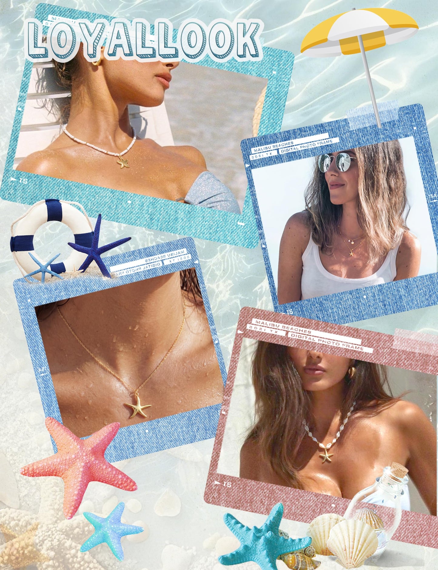 LOYALLOOK Bead Necklace for Women, 14k Gold Plated Dainty Layered SeaShell Starfish Beaded Charm Necklace Stack, Non Tarnish Waterproof Gold Beach Accessories for Summer Vacation 3pcs