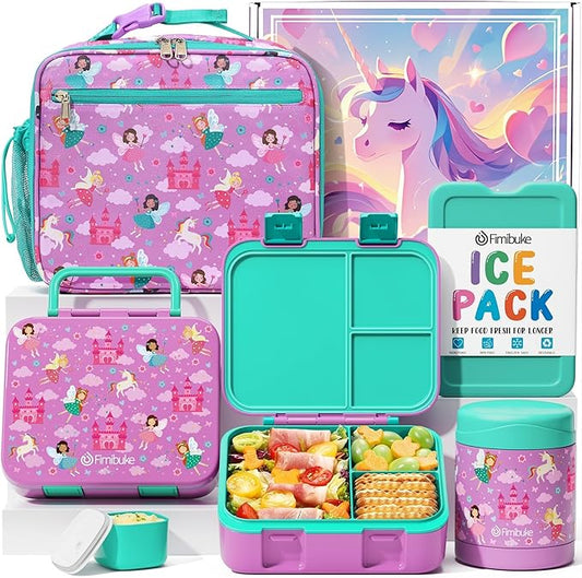 Fimibuke Bento Lunch Box for Kids with Food Jar, 3-Compartment 32OZ Snack Lunch Container, Lunch Bag, 12OZ Insulated Food Jar & Ice Pack Set for Age 3-12 School Daycare Toddler Teen Girls Boy, Fairies