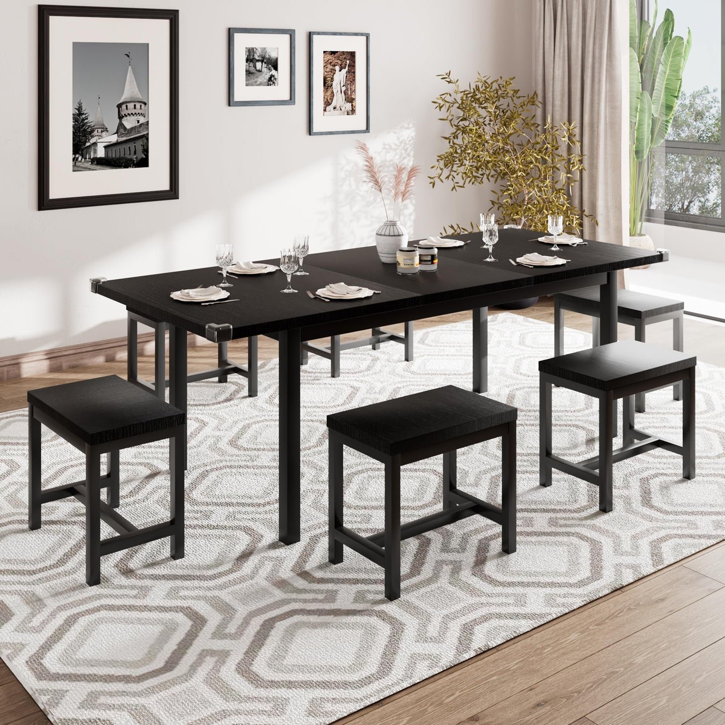 iPormis 7-Piece Extendable Dining Table Set with 6 Stools, 63" Kitchen Table Set for 4-8, Modern Dining Room Table with Sturdy Metal Frame, Space-Saving Dinette, Black