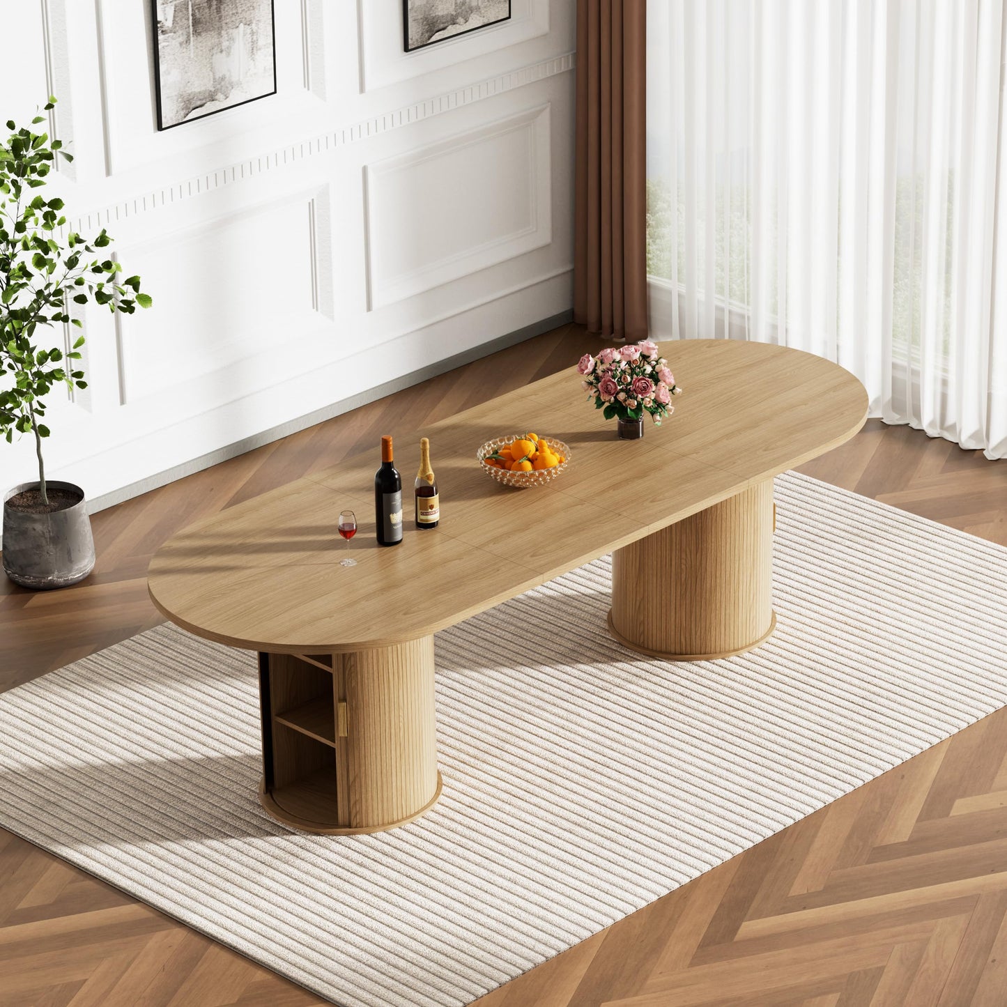 MELAABUU Modern 11-Piece Extendable Dining Table Set for 10, Oval Expandable Kitchen Table Set with 10 Velvet Chairs,63"-94" Large Dining Room Tables with Brown Wood Top & Fluted Cabinet Base