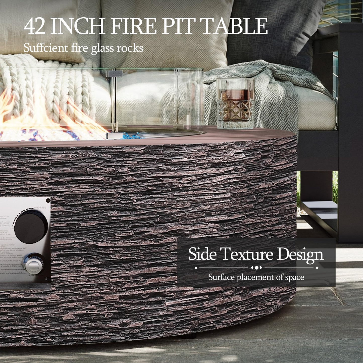 UPHA 42-inch Outdoor Propane Gas Fire Pit Table 50000 BTU Concrete Round FirePit for Outside Patio with Propane Tank Cover, Wind Guard, Blue Glass Rocks, Rain Cover, Reddish Brown