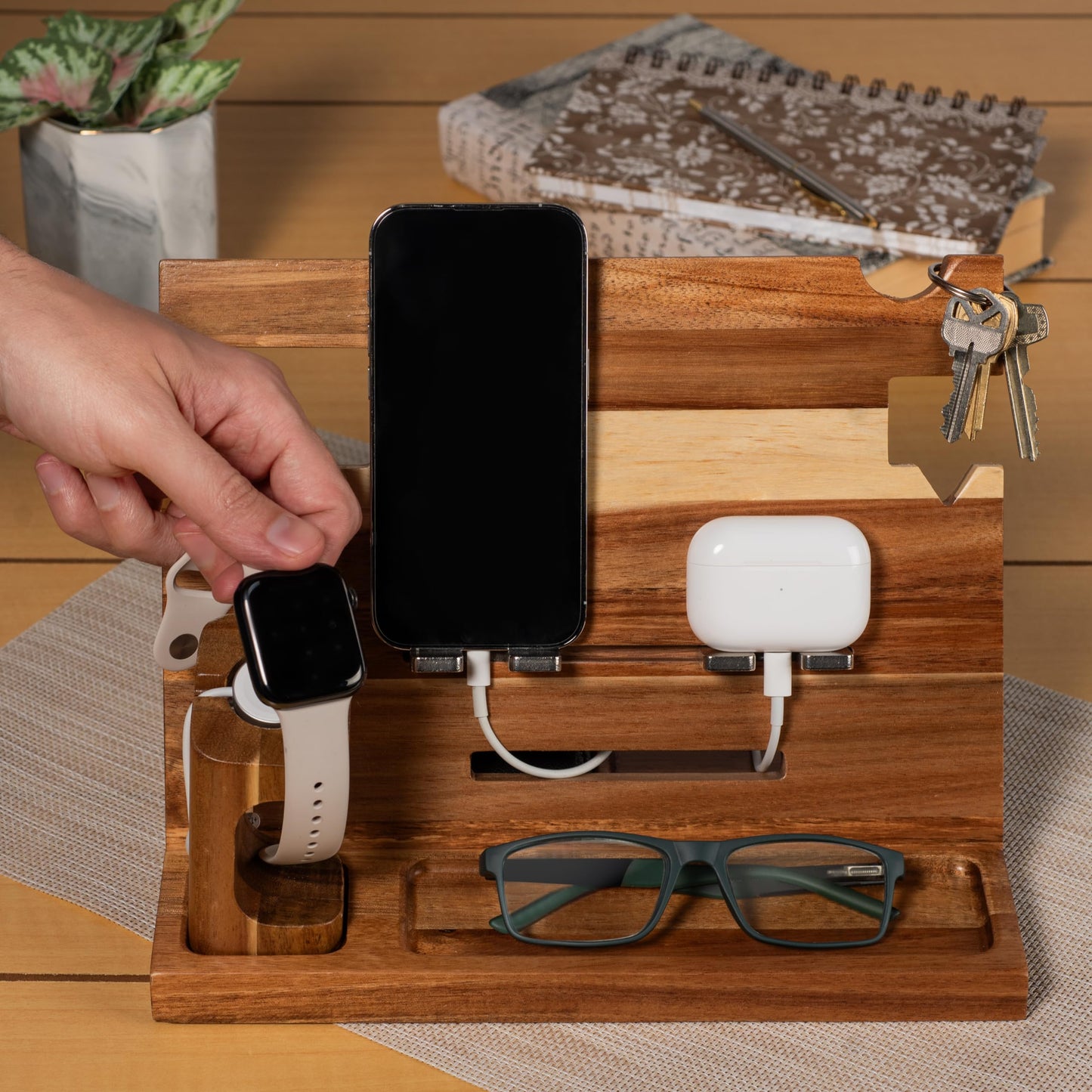 Orchers Wood Phone Docking Station for Men, Nightstand Organizer, Gifts for Him from Daughter Son Wife, Christmas Anniversary Birthday Gift Ideas for Husband Him