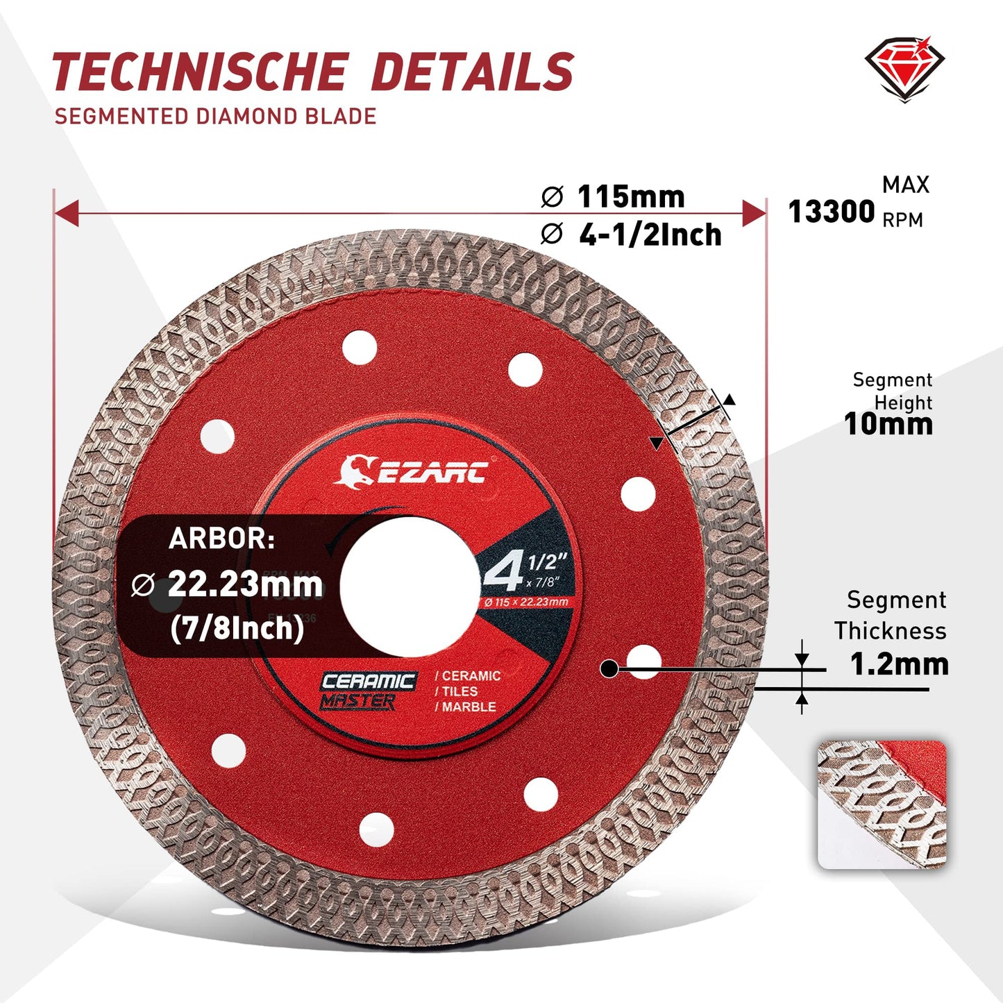 EZARC 4-1/2 inch Super Thin Diamond Blade, Diamond Saw Blades for Angle Grinder, 4.5" Tile Blade for Smooth Cutting Porcelain Ceramic Granite Marble Tile, 7/8"-20mm-5/8 Arbor (2-Pack)