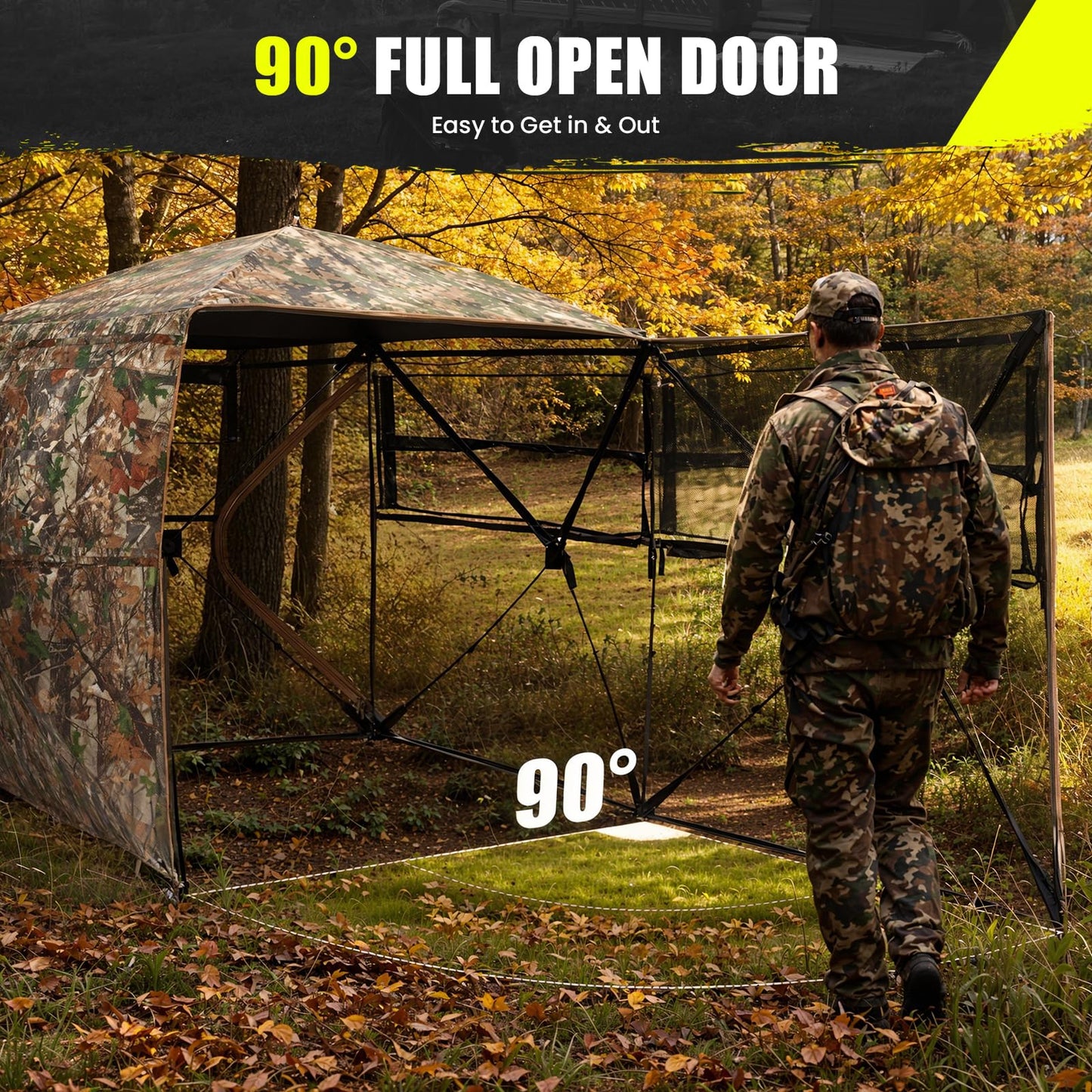HUNTSEN 360 Degree See Through Hunting Blind with Double Open Door - Lightweight Soft Material Portable Pop Up Ground Blind - 2-3 Person Concealed Camouflage Tent with Carrying Bag for Deer & Turkey